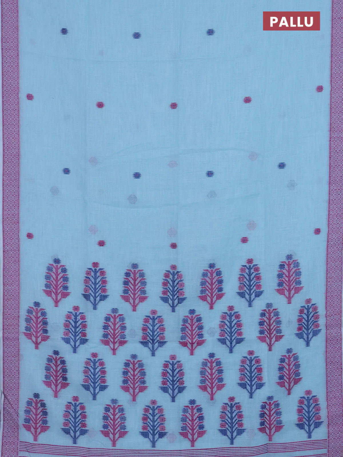 Munga linen saree light blue with thread woven buttas and thread woven border - Image 3