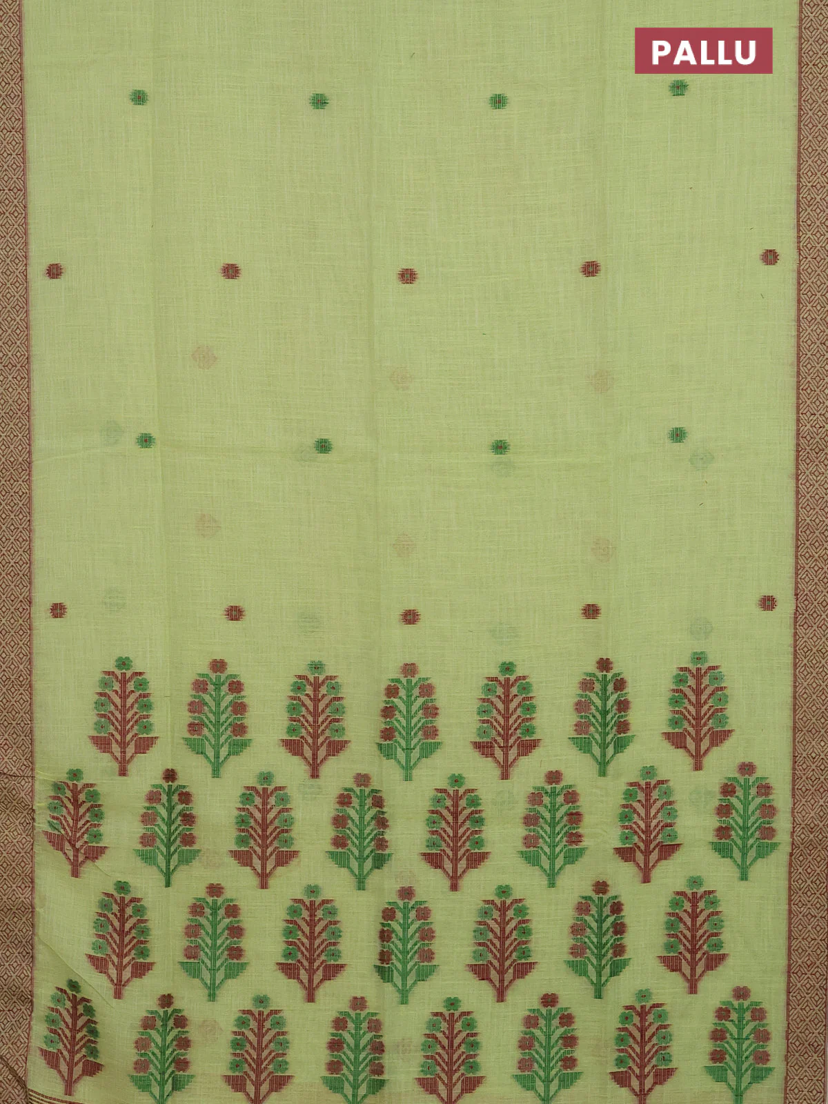 Munga linen saree light green with thread woven buttas and thread woven border - Image 3
