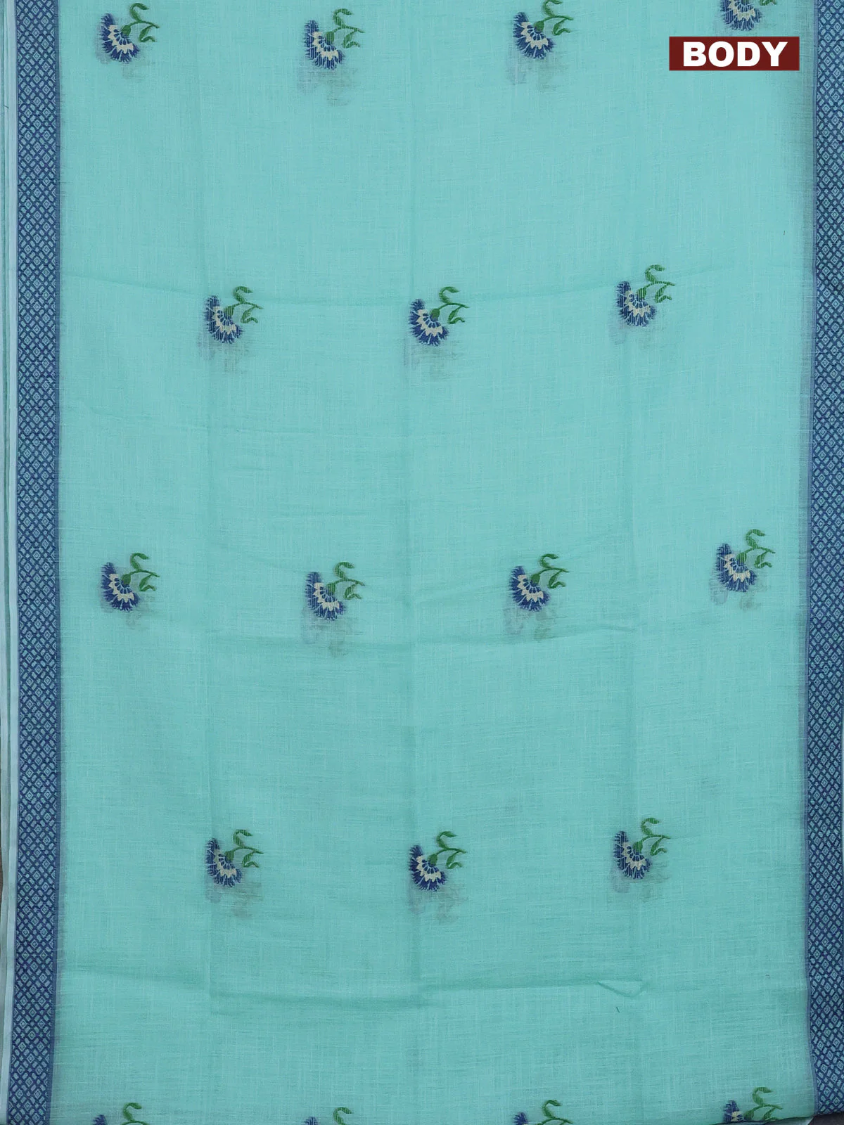 Munga linen saree teal green and blue with thread woven floral buttas and thread woven border - Image 2