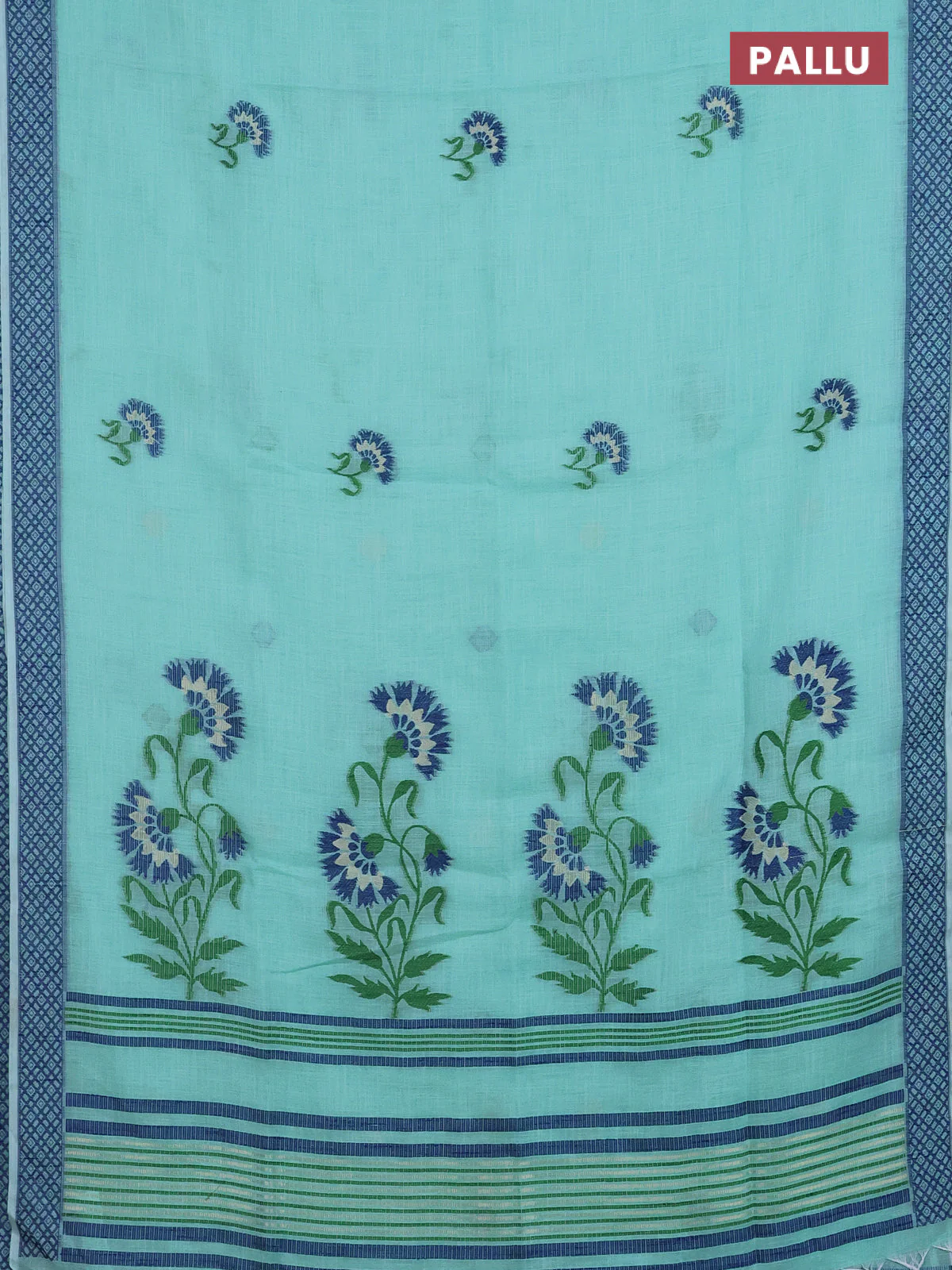 Munga linen saree teal green and blue with thread woven floral buttas and thread woven border - Image 3
