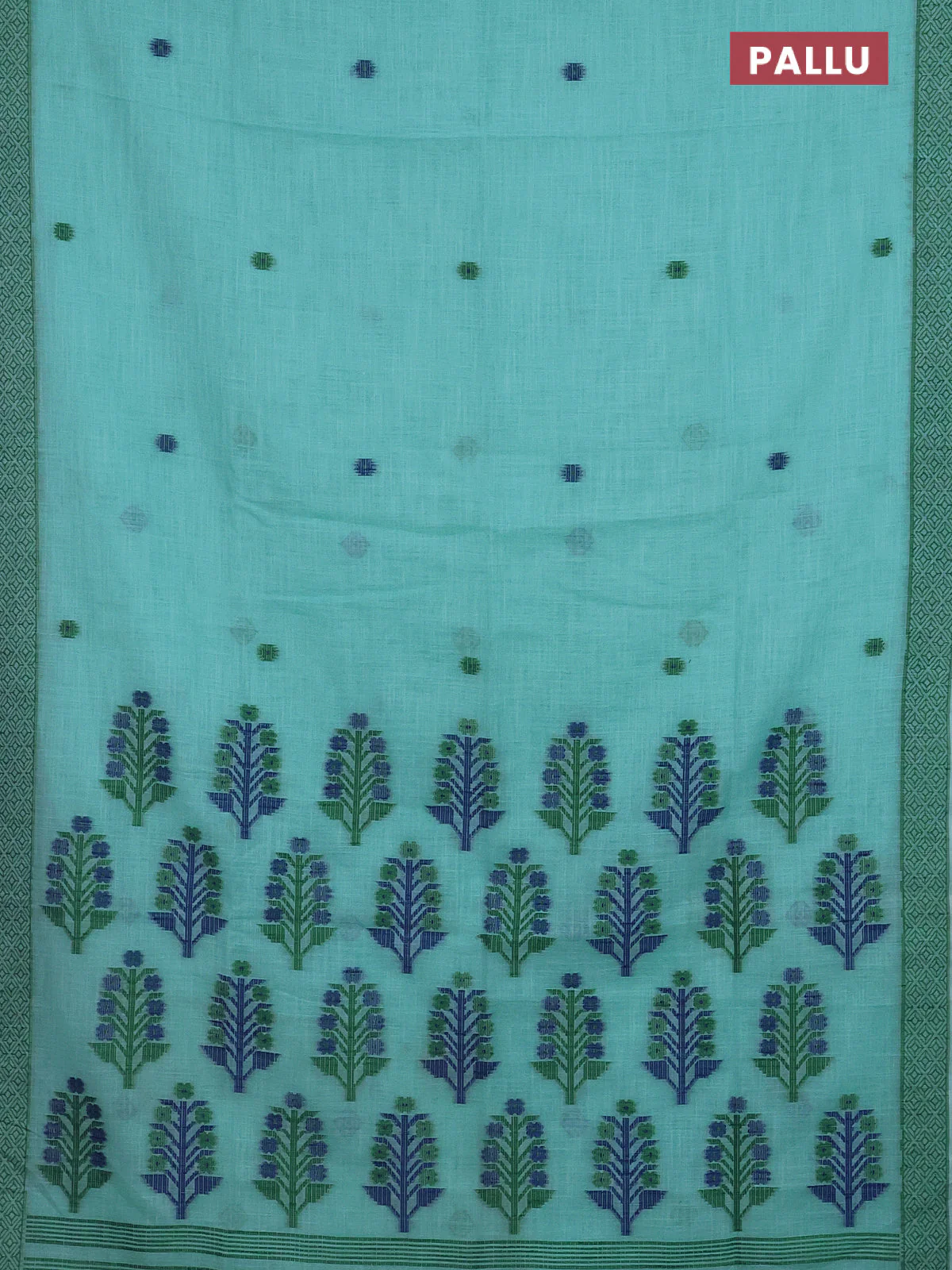 Munga linen saree teal green with thread woven buttas and thread woven border - Image 3