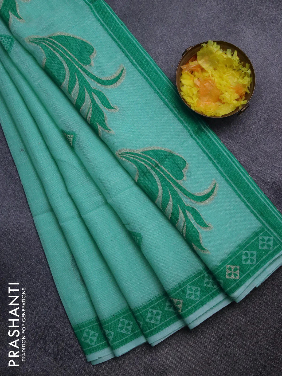 Munga linen saree teal shade and teal green with allover thread & zari weaves and thread woven border
