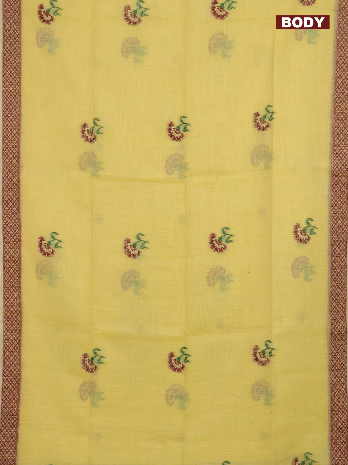 Munga linen saree yellow and maroon with thread woven floral buttas and thread woven border - Image 2