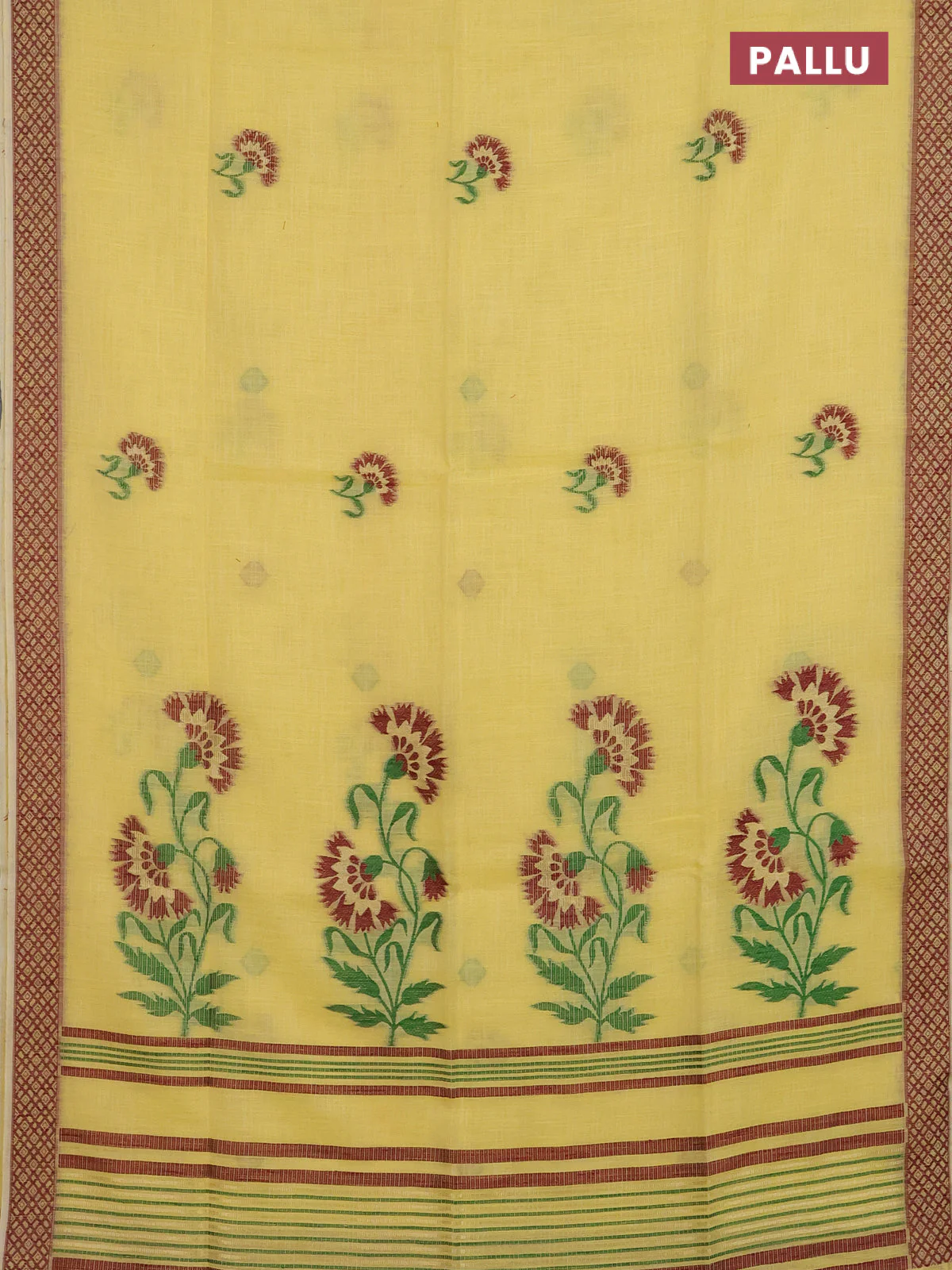 Munga linen saree yellow and maroon with thread woven floral buttas and thread woven border - Image 3