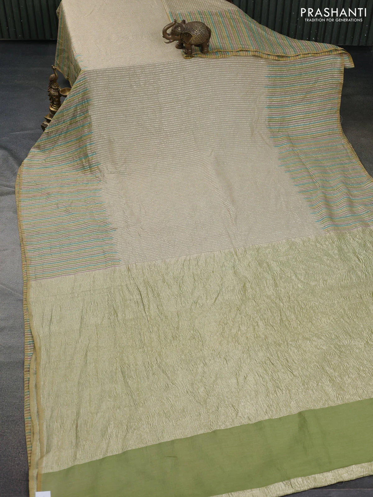Munga silk saree beige and multi colour with allover zari woven stripes pattern in borderless style - Image 2