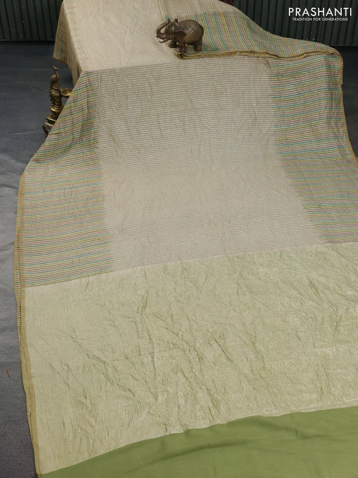 Munga silk saree beige with allover zari woven stripes pattern in borderless style - Image 2