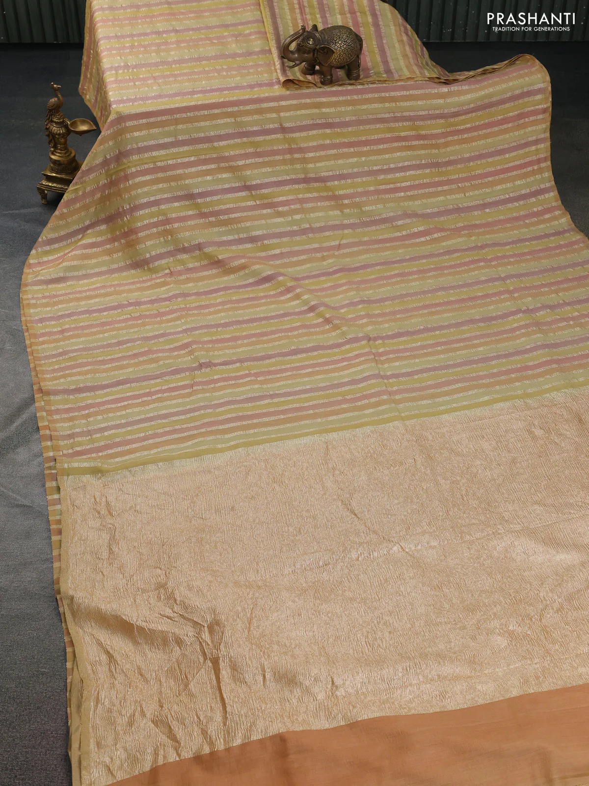 Munga silk saree multi colour and green with allover rangart weaves in borderless style - Image 2