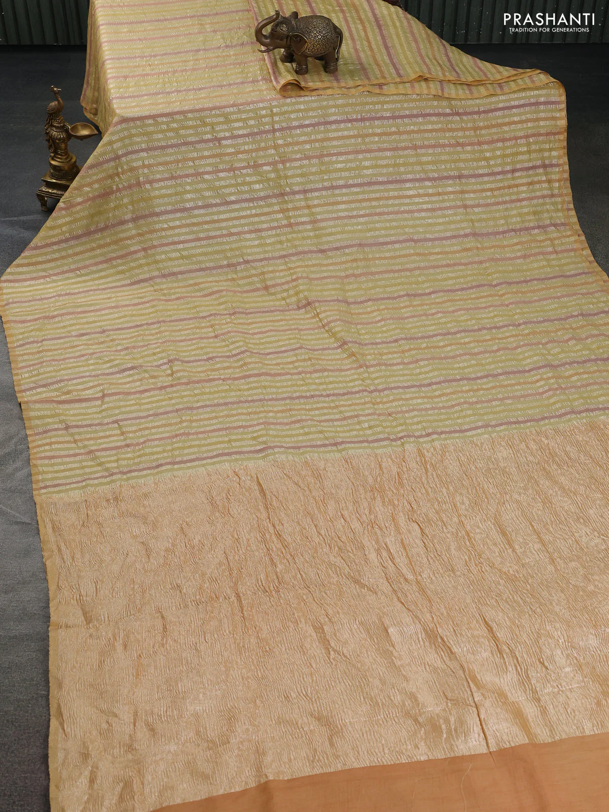 Munga silk saree multi colour and mustard yellow with allover rangart weaves in borderless style - Image 2