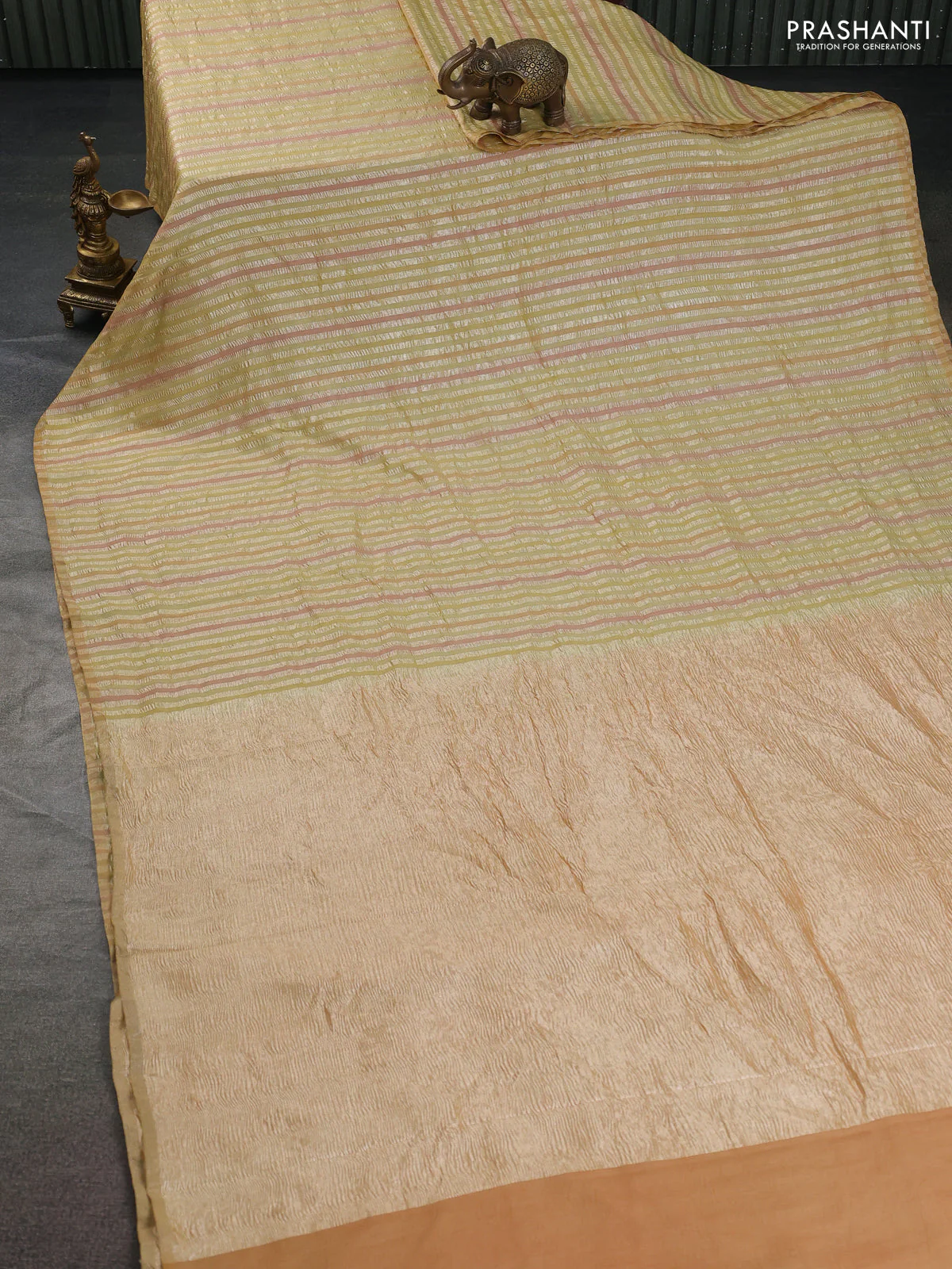 Munga silk saree multi colour and mustard yellow with allover rangart weaves in borderless style - Image 2