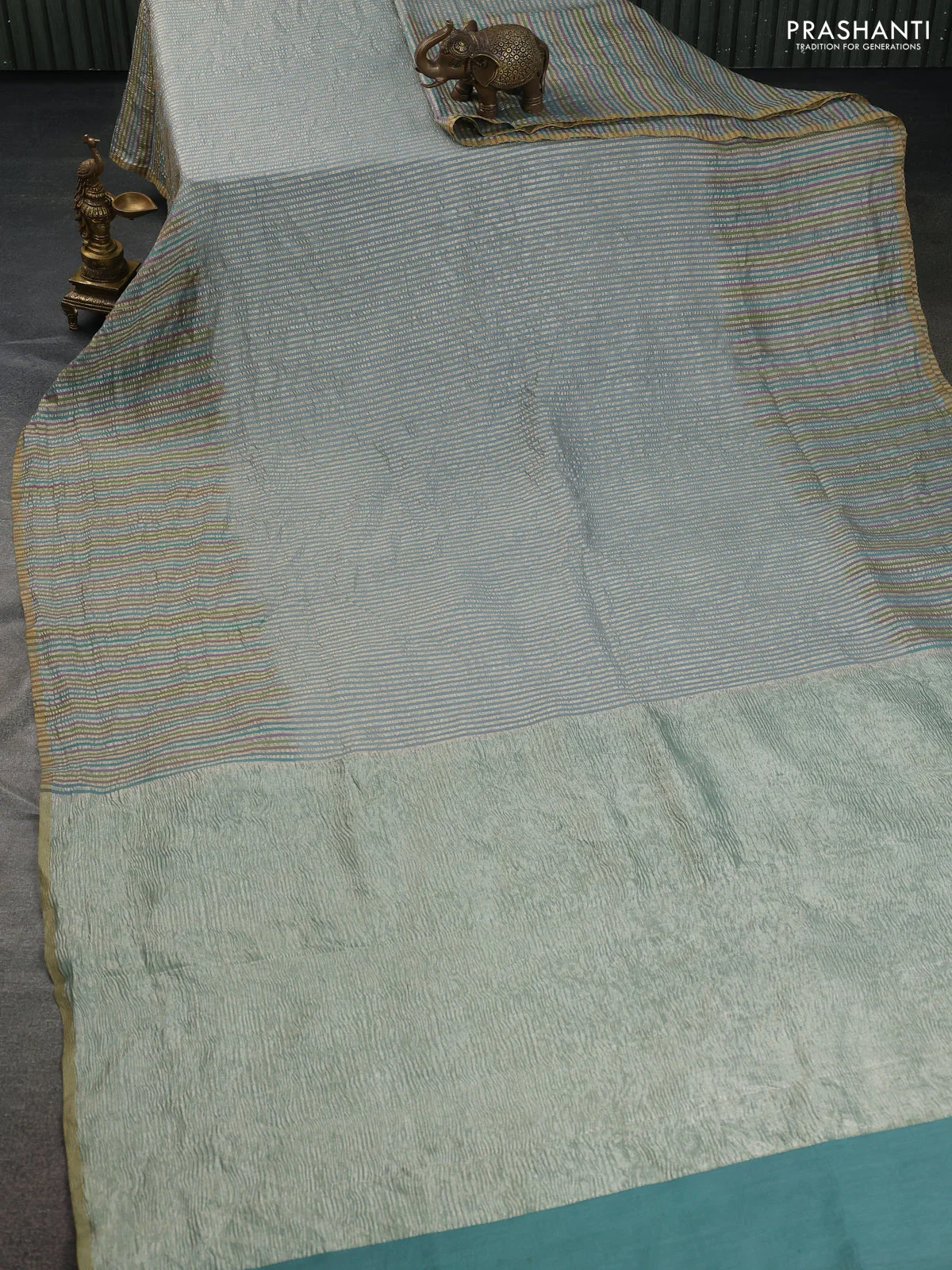 Munga silk saree multi colour and mustard yellow with allover rangart weaves in borderless style - Image 2