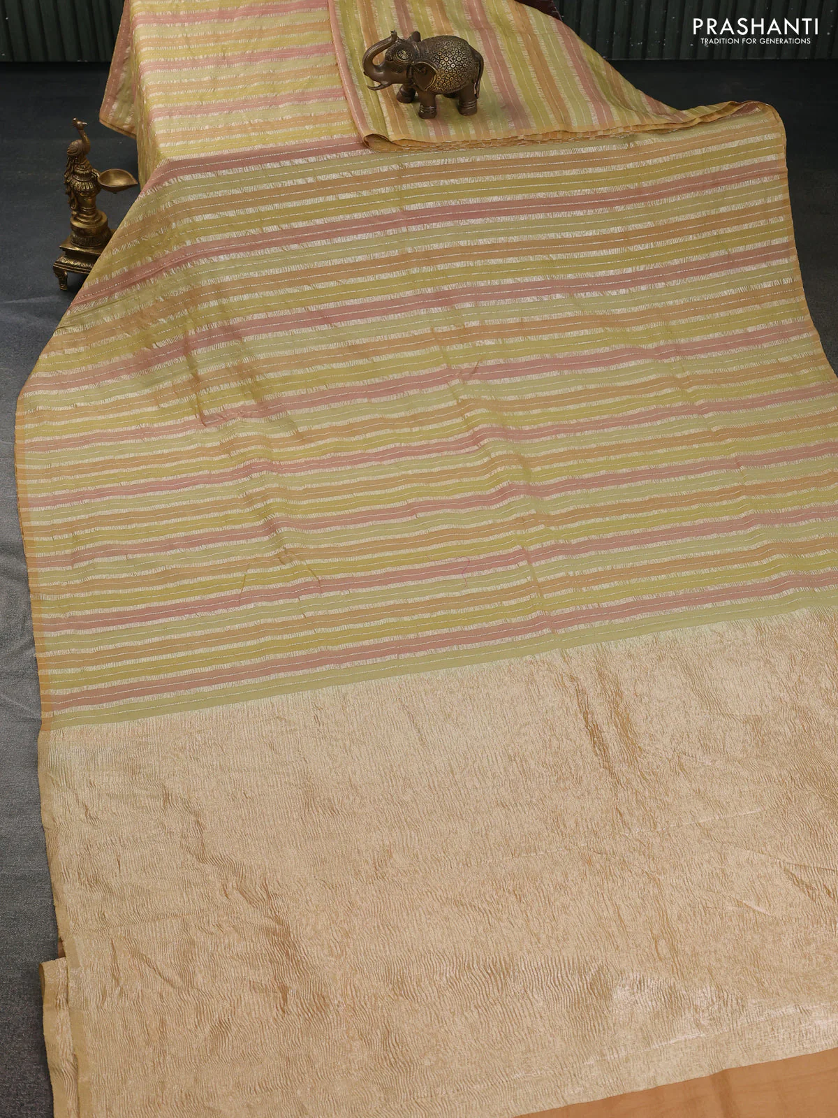 Munga silk saree multi colour and peach pink with allover rangart weaves in borderless style - Image 2