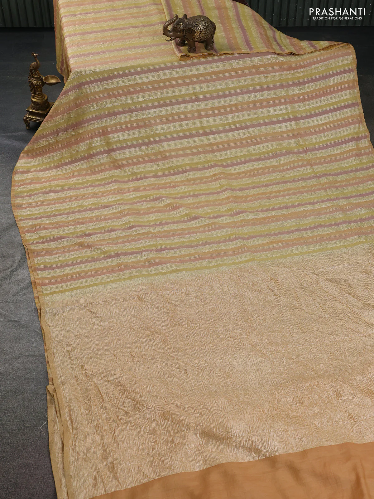 Munga silk saree multi colour and peach pink with allover rangart weaves in borderless style - Image 2