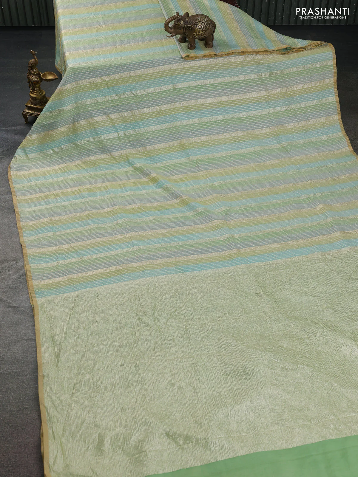 Munga silk saree multi colour and peach pink with allover rangart weaves in borderless style - Image 2