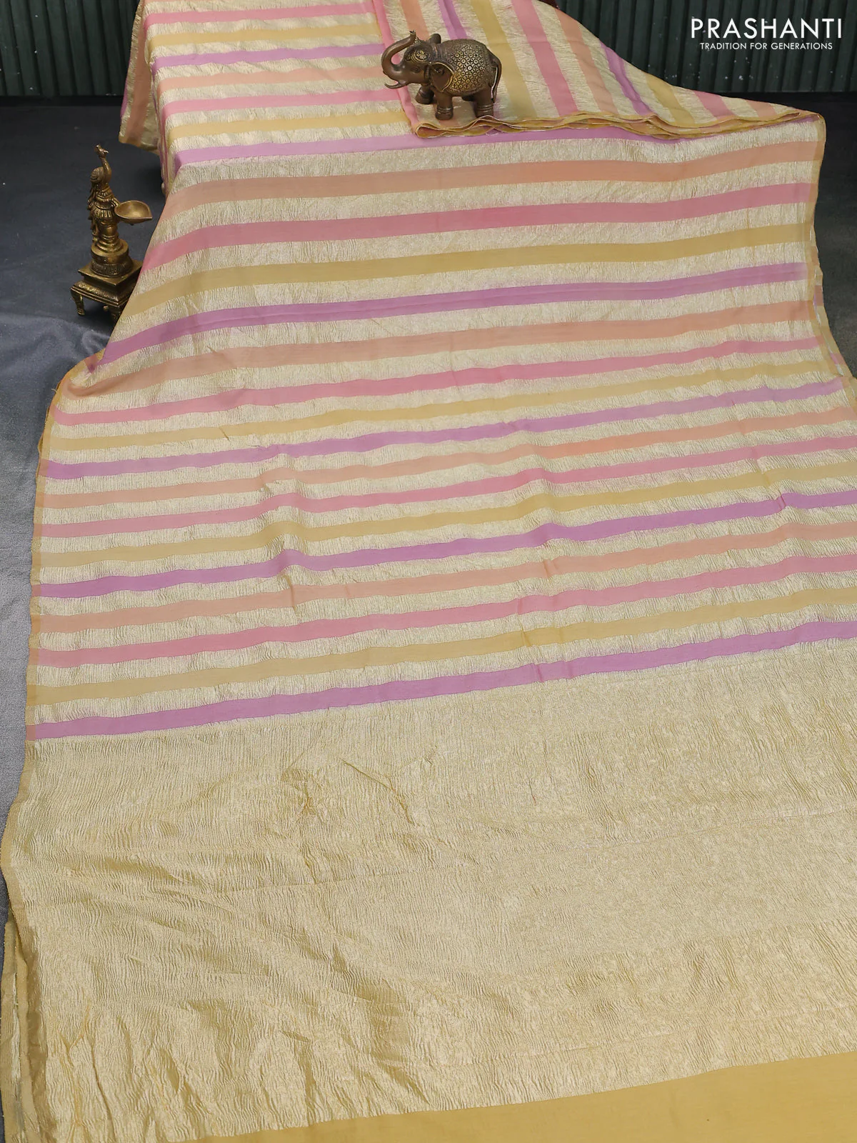 Munga silk saree sandal and multi colour with allover zari woven stripes pattern in borderless style - Image 2