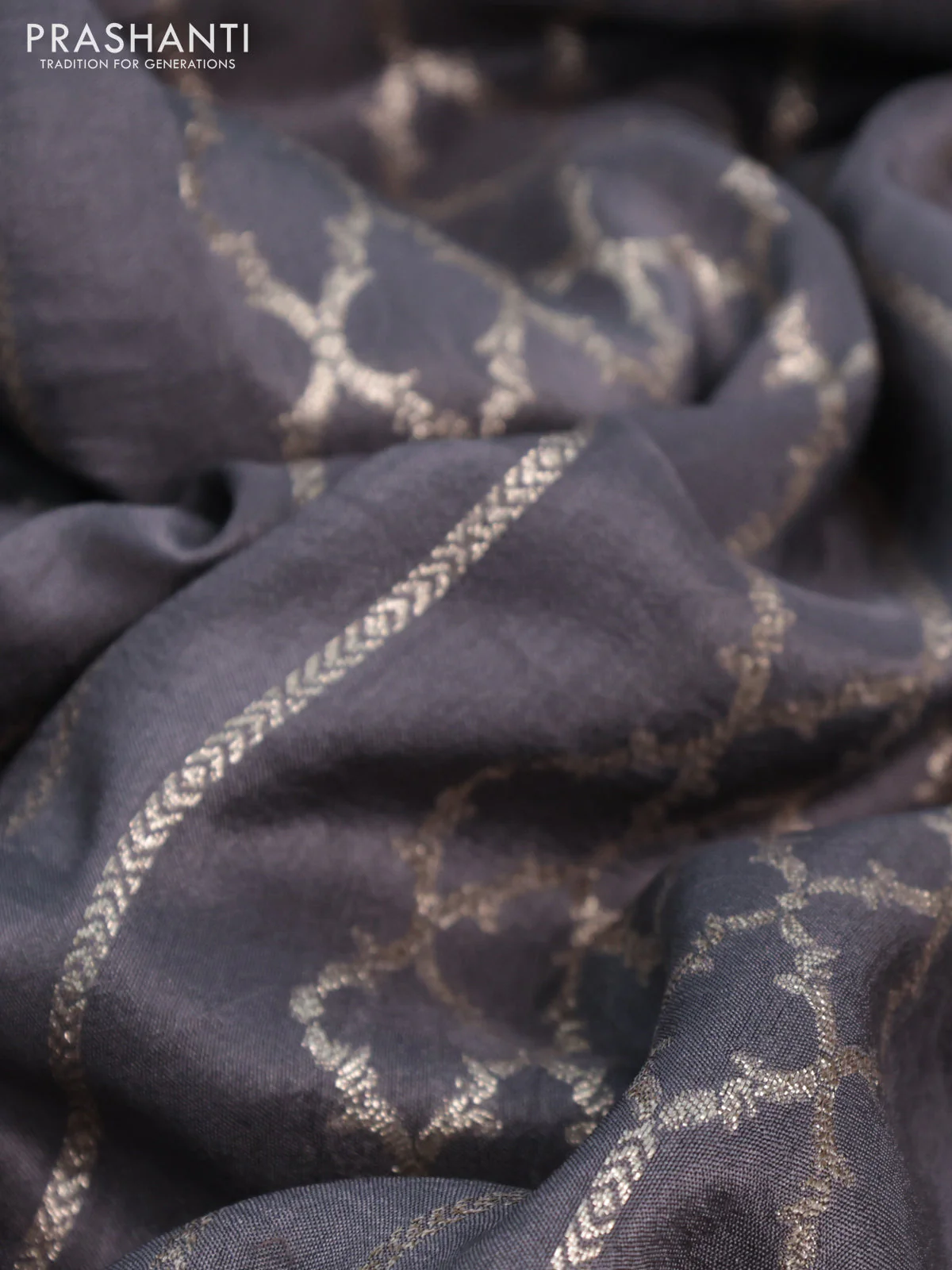 Munga tussar saree grey with allover zari weaves and lace work blue - Image 3