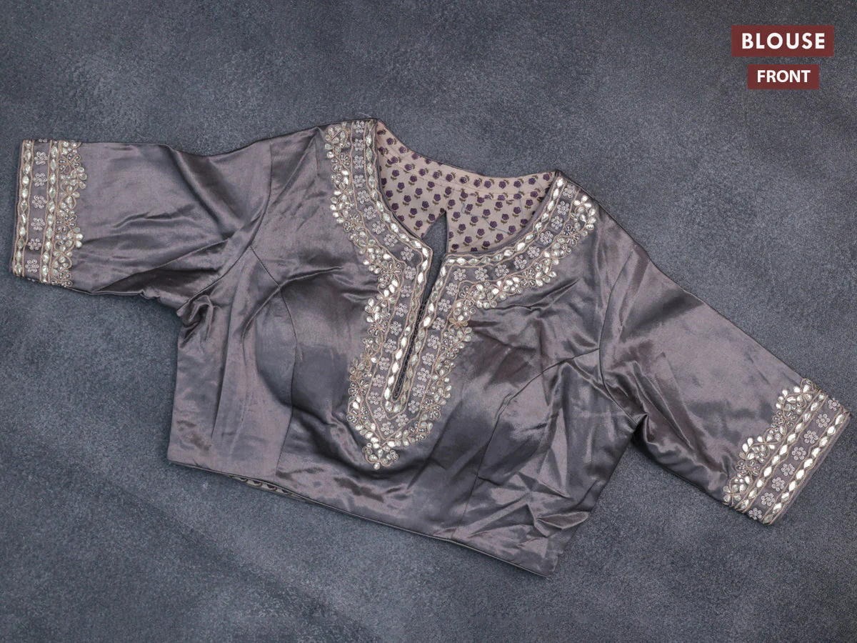 Munga tussar saree grey with allover zari weaves and lace work blue - Image 4