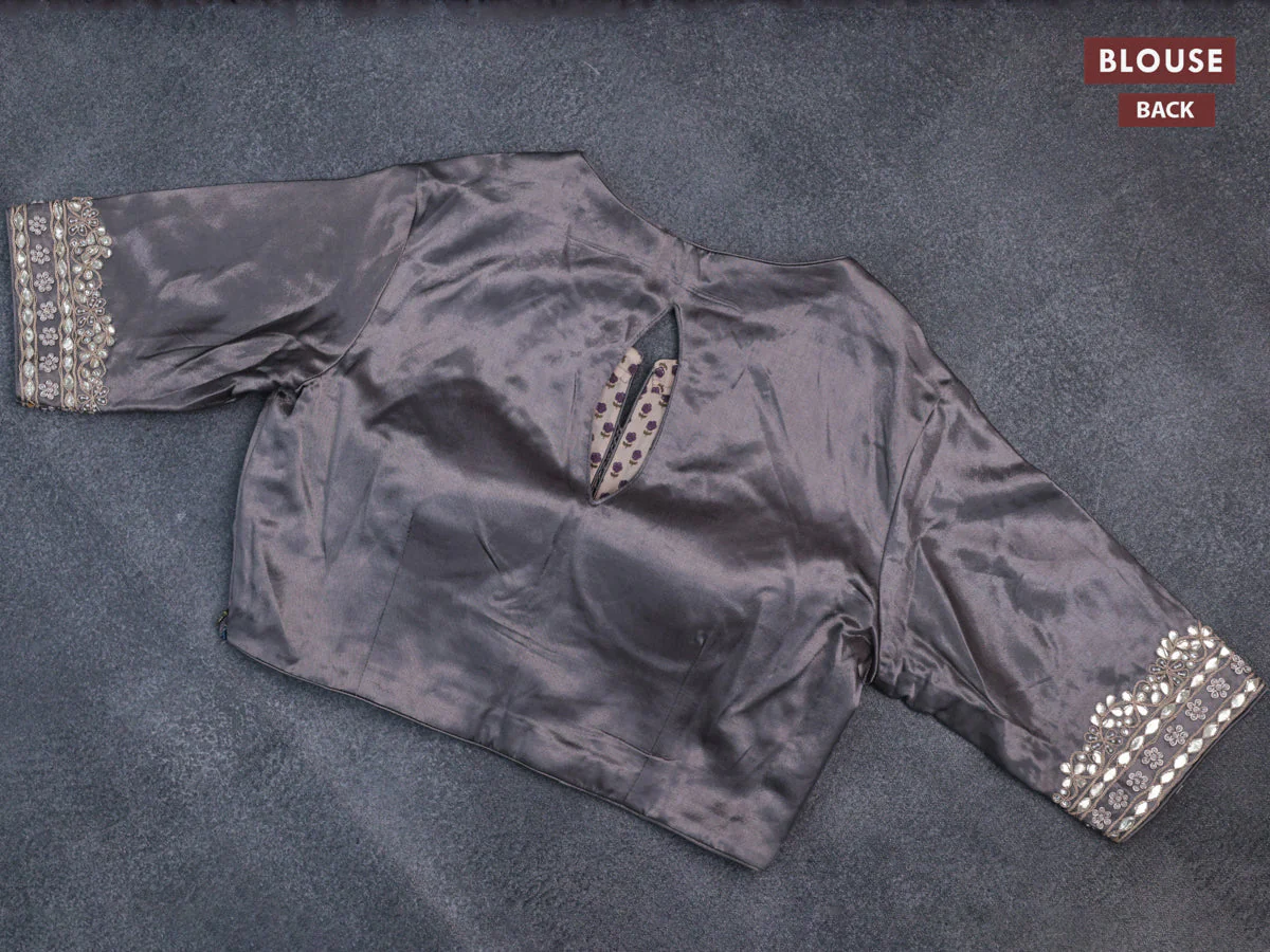 Munga tussar saree grey with allover zari weaves and lace work blue - Image 5