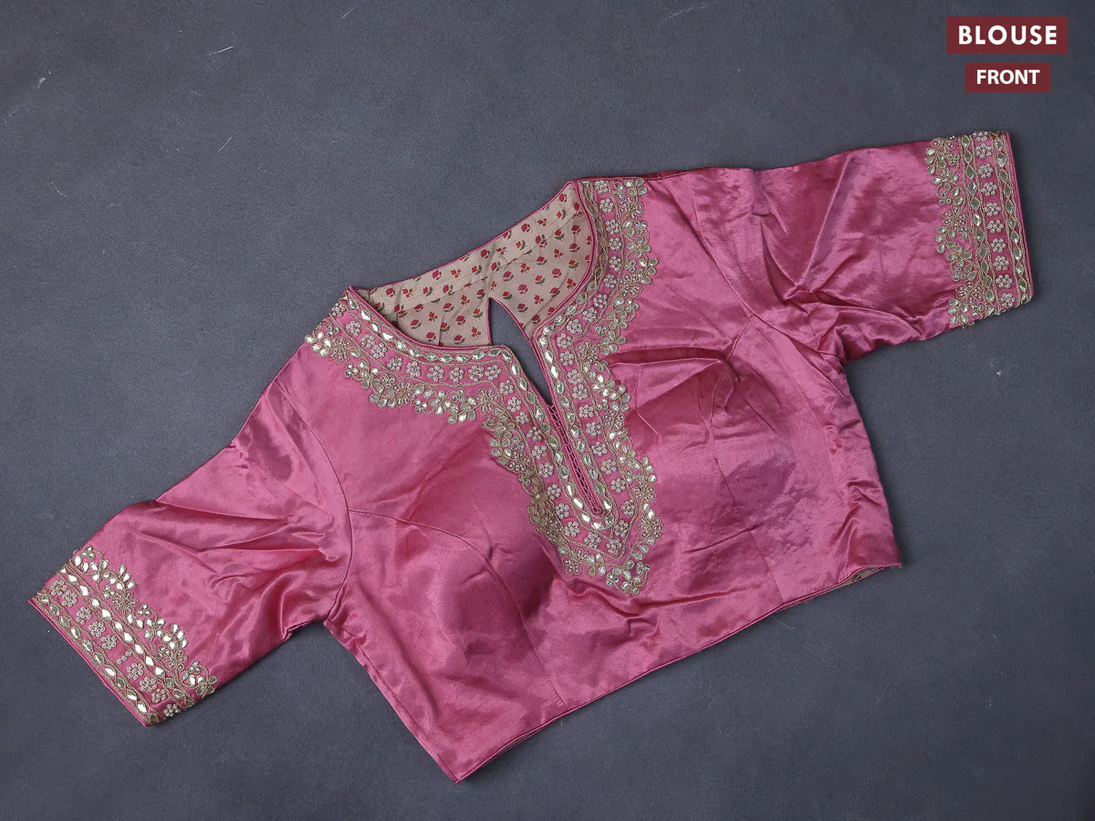 Munga tussar saree mauve pink with allover zari weaves and lace work blue - Image 4