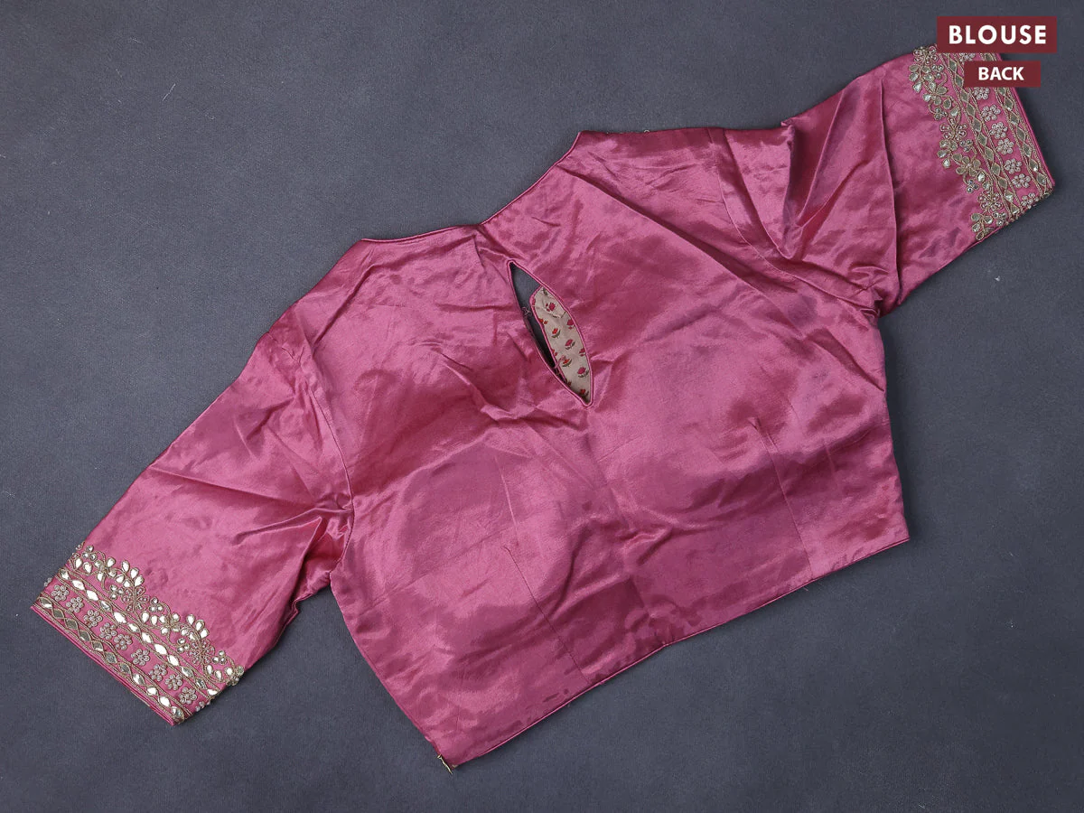 Munga tussar saree mauve pink with allover zari weaves and lace work blue - Image 5