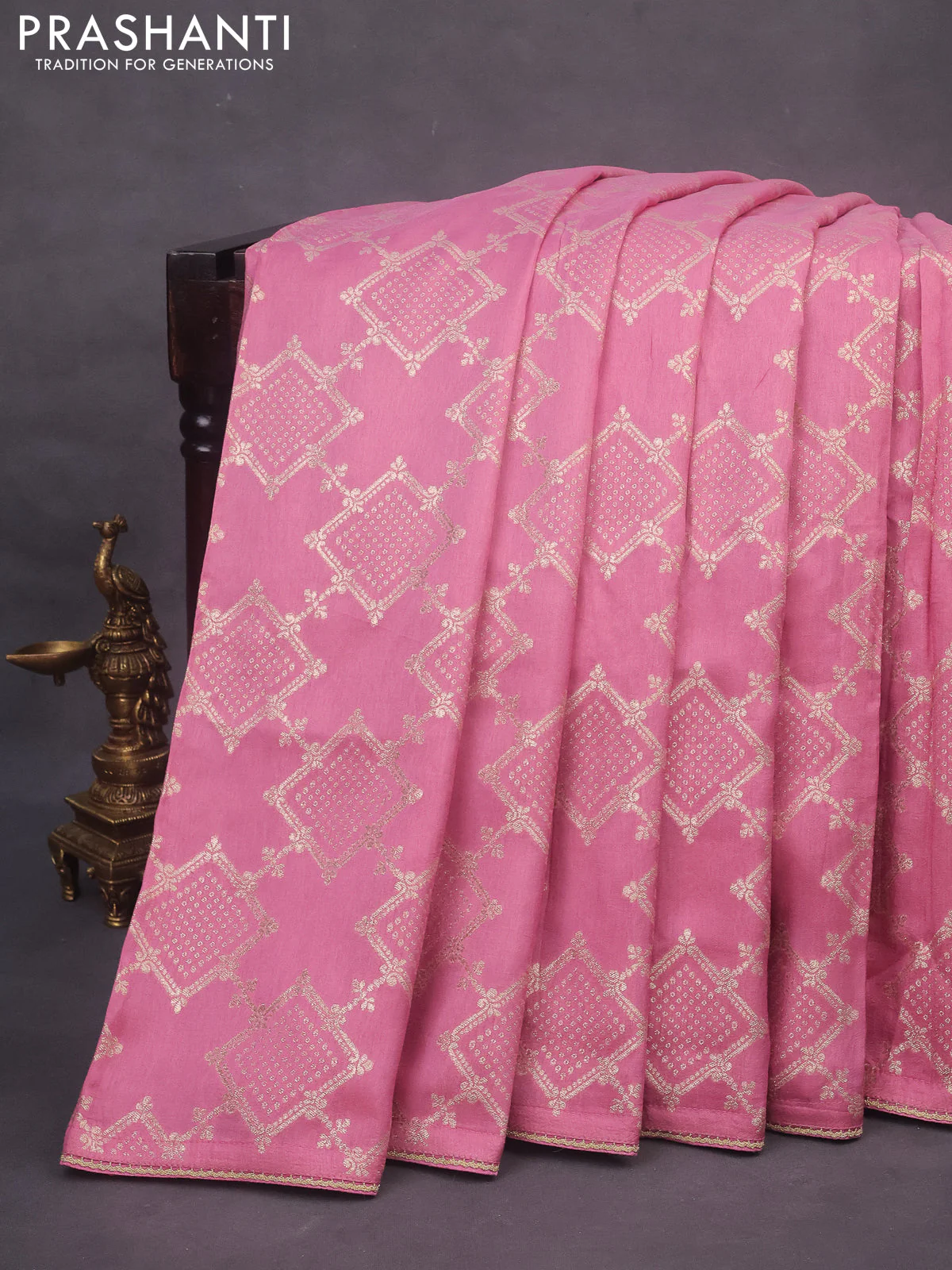 Munga tussar saree mauve pink with allover zari weaves and lace work border - Image 2