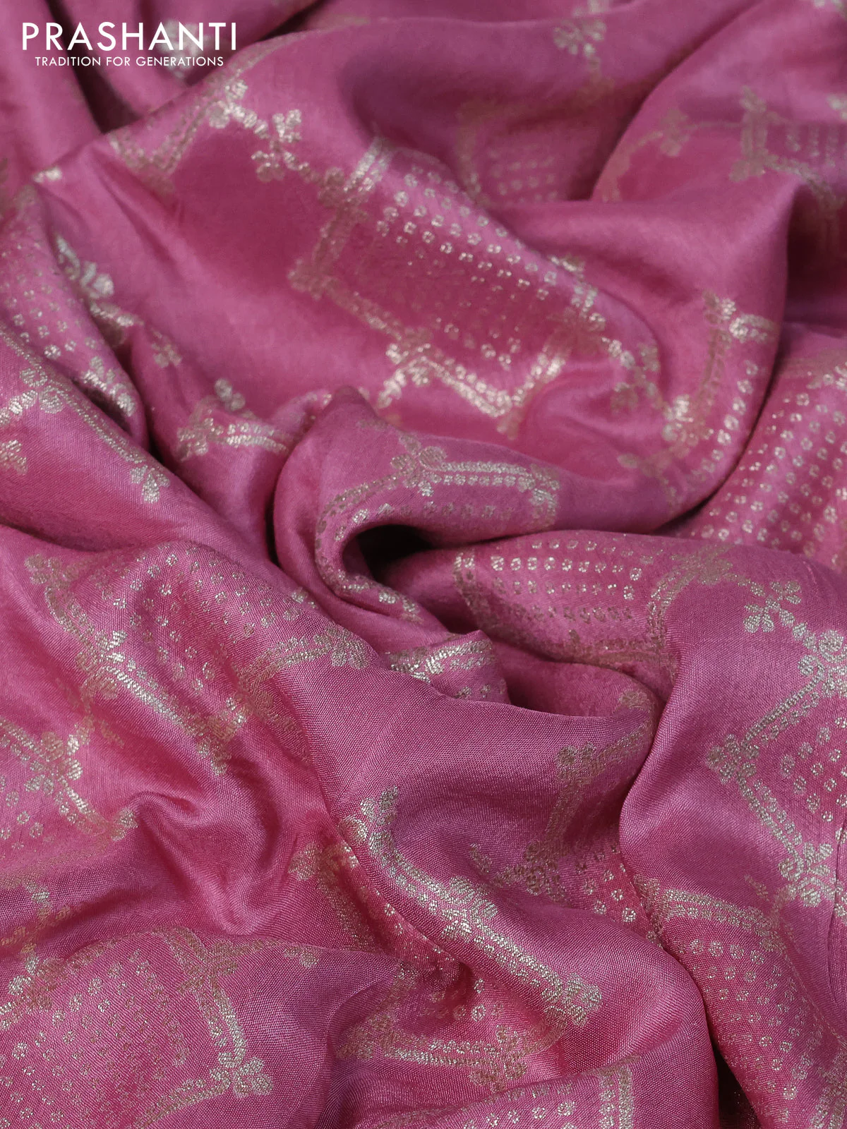 Munga tussar saree mauve pink with allover zari weaves and lace work border - Image 3