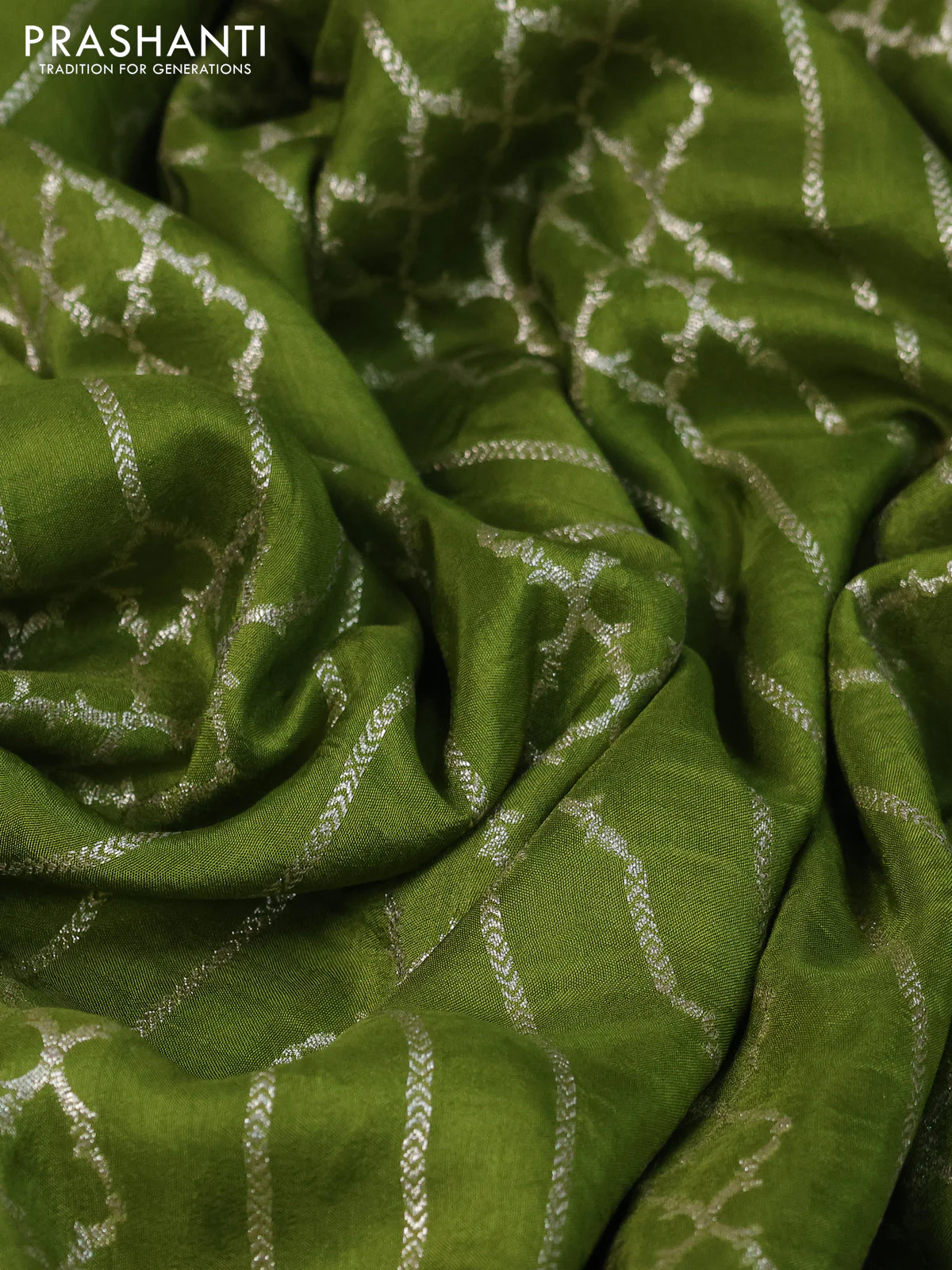 Munga tussar saree mehendi green with allover zari weaves and lace work blue - Image 3