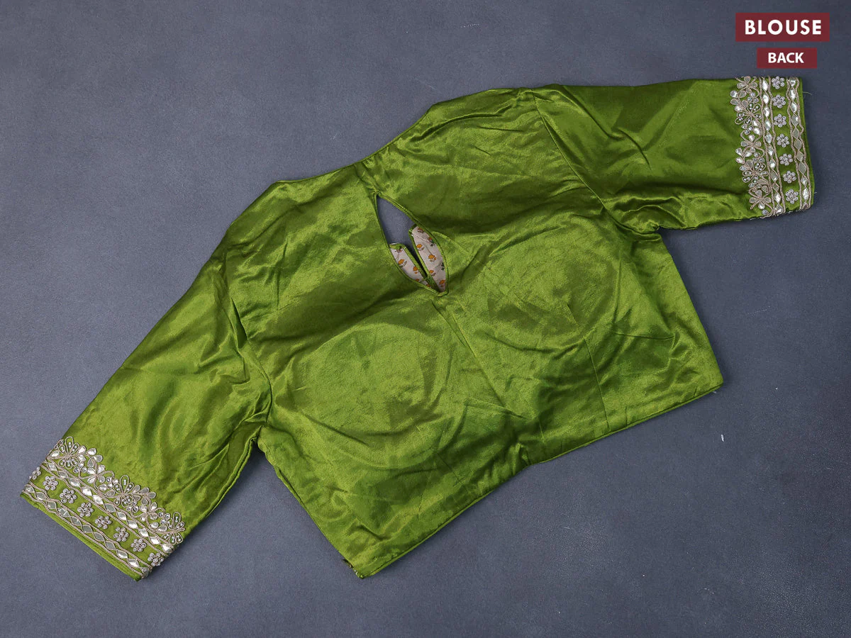 Munga tussar saree mehendi green with allover zari weaves and lace work blue - Image 5