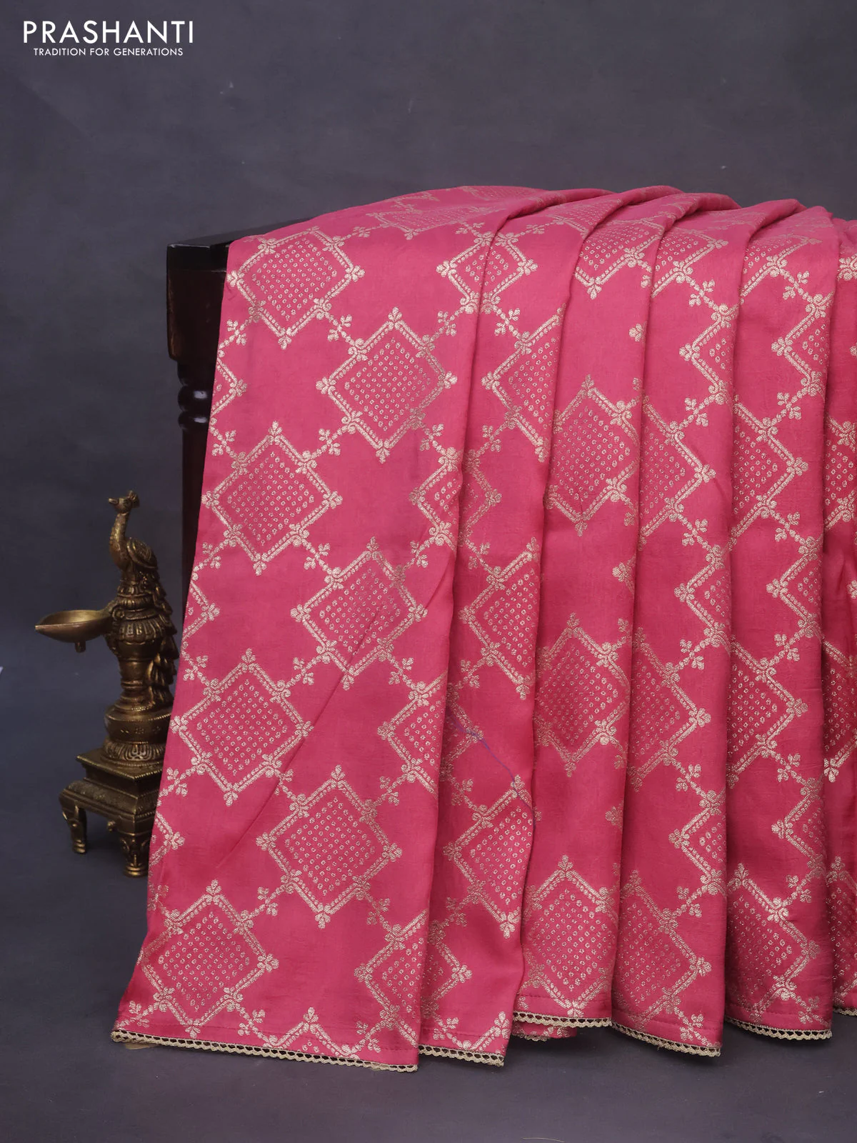 Munga tussar saree pink shade with allover zari weaves and lace work border - Image 2