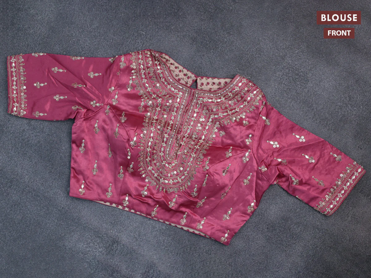 Munga tussar saree pink shade with allover zari weaves and lace work border - Image 4