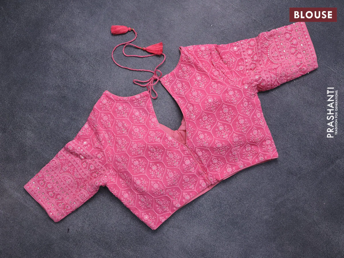 Munga tussar silk saree candy pink with allover banarasi zari weaves and gottapatti lace work border and readymade chikankari work blouse - Image 11