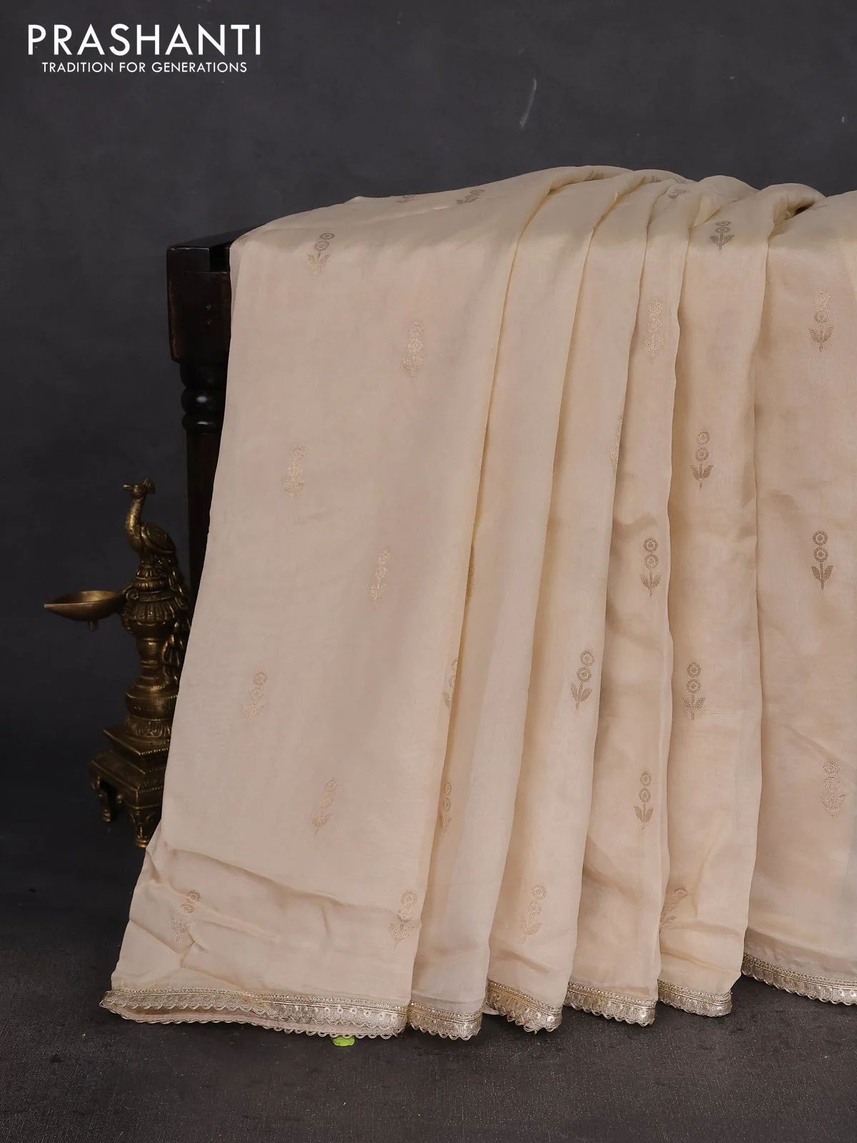 Munga tussar silk saree cream with zari woven buttas and lace work border - Image 2