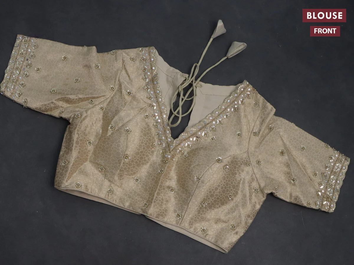 Munga tussar silk saree cream with zari woven buttas and lace work border - Image 3