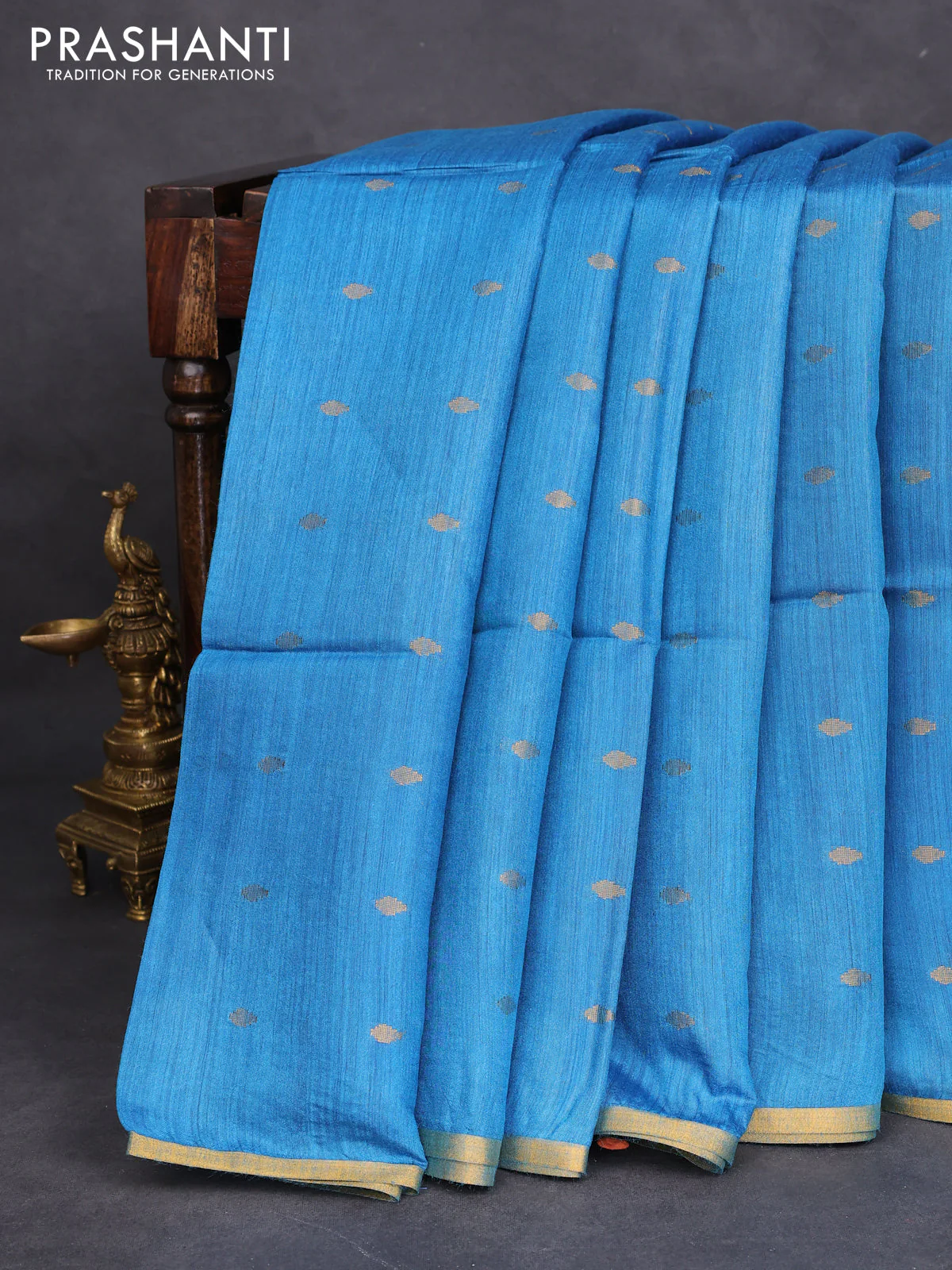 Munga tussar silk saree cs blue with allover zari woven buttas and zari woven border - Image 2