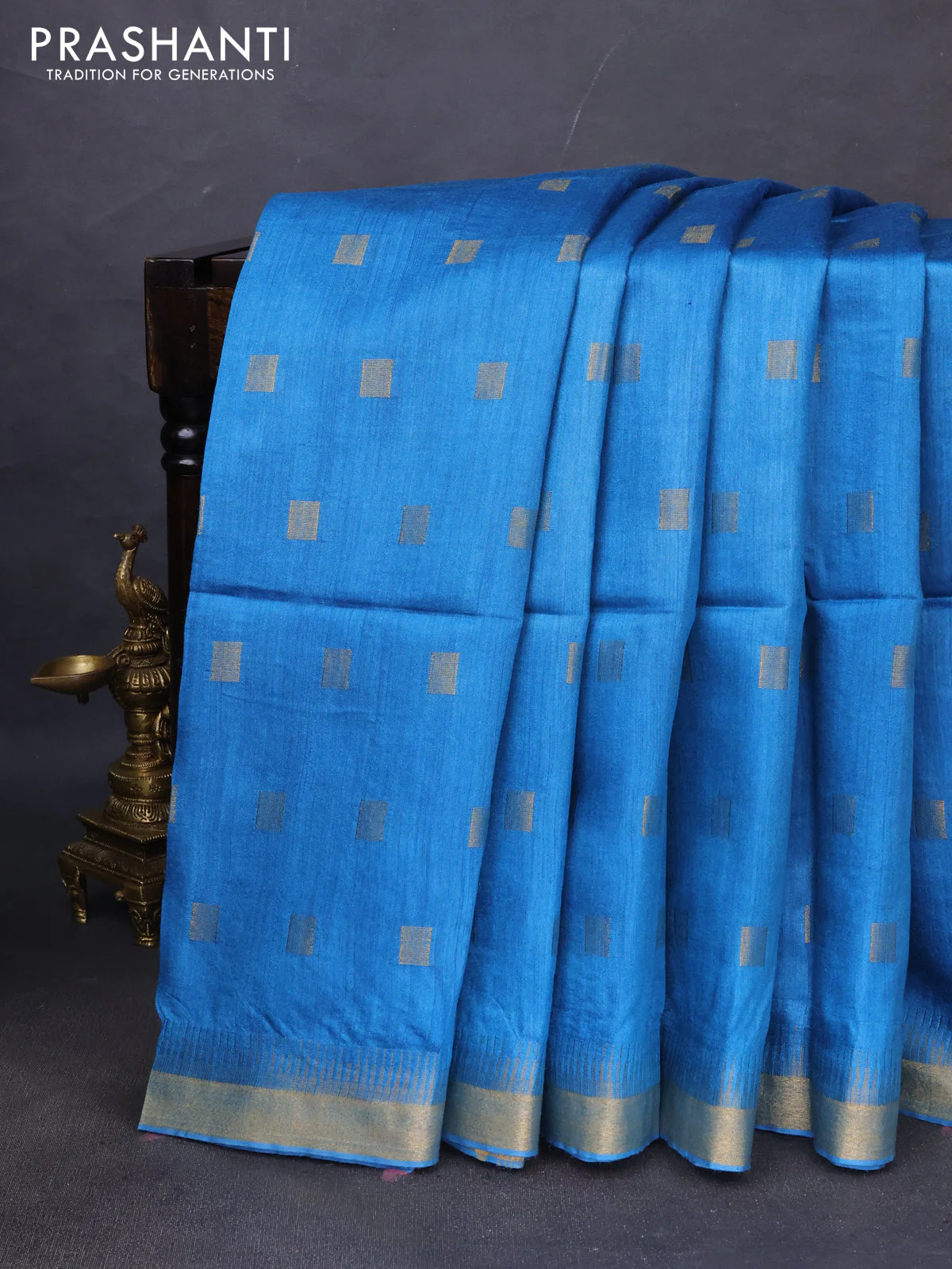 Munga tussar silk saree cs blue with allover zari woven buttas and zari woven border - Image 2