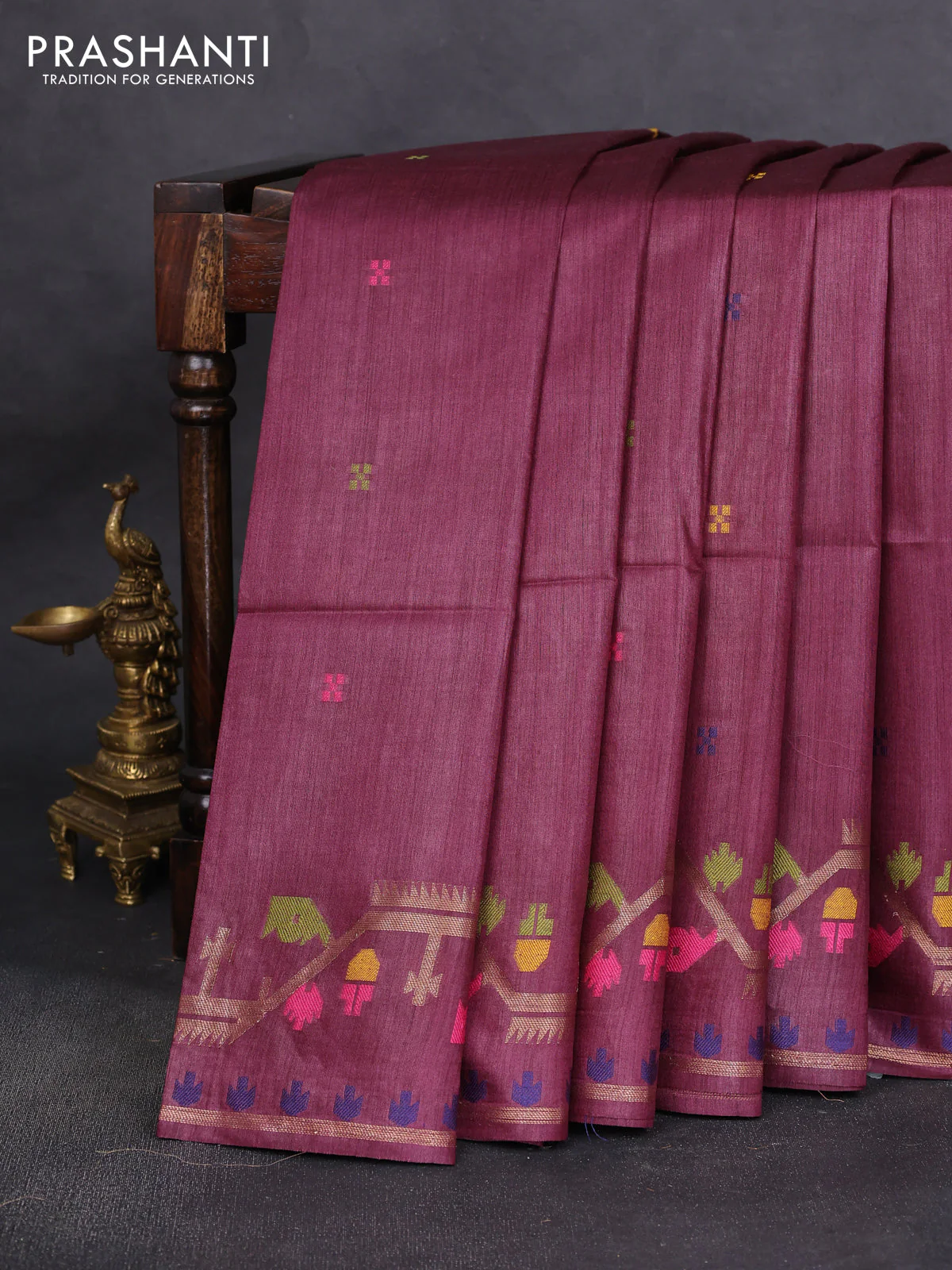 Munga tussar silk saree deep maroon with thread woven buttas and woven border