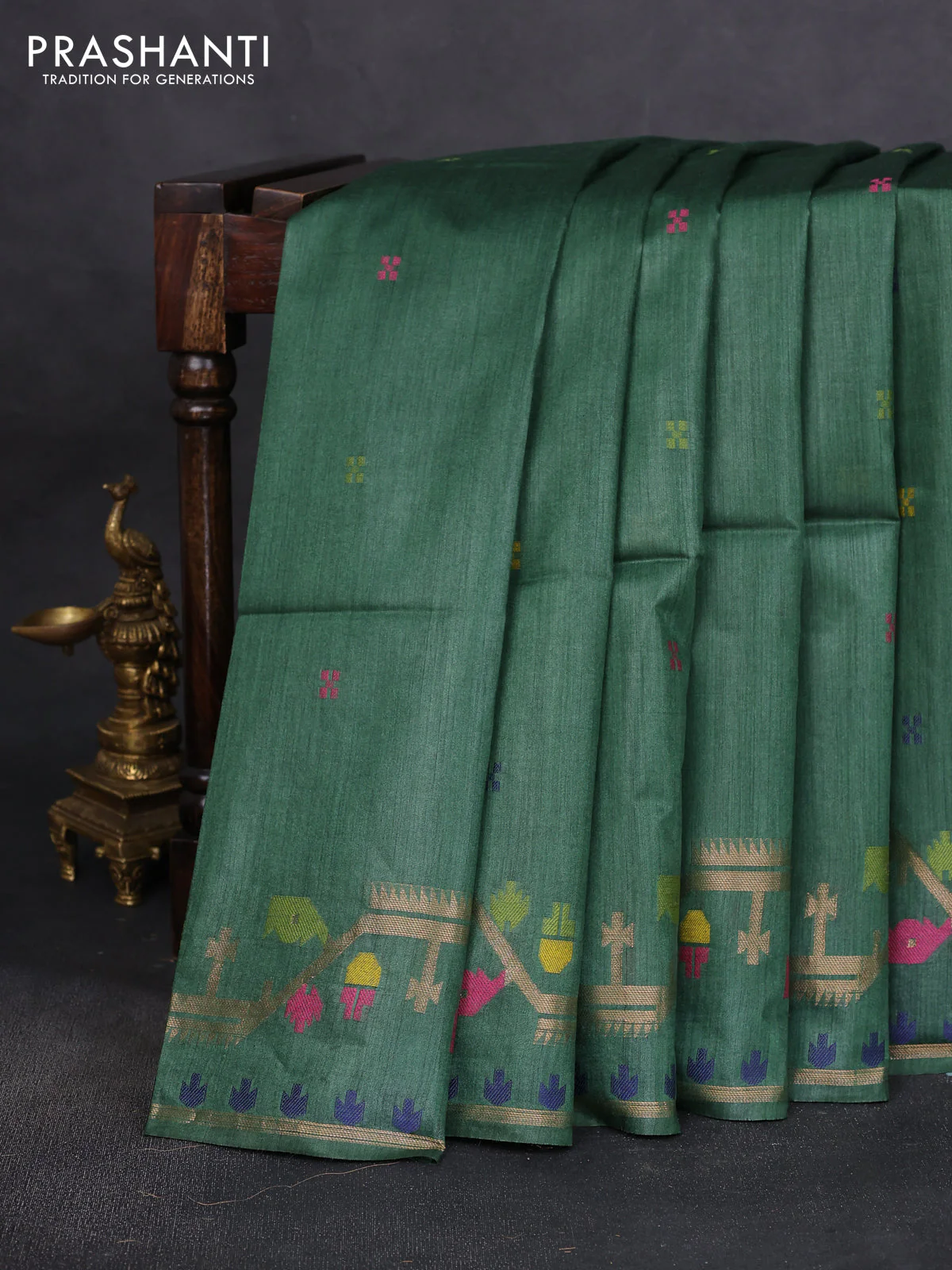 Munga tussar silk saree green with thread woven buttas and woven border