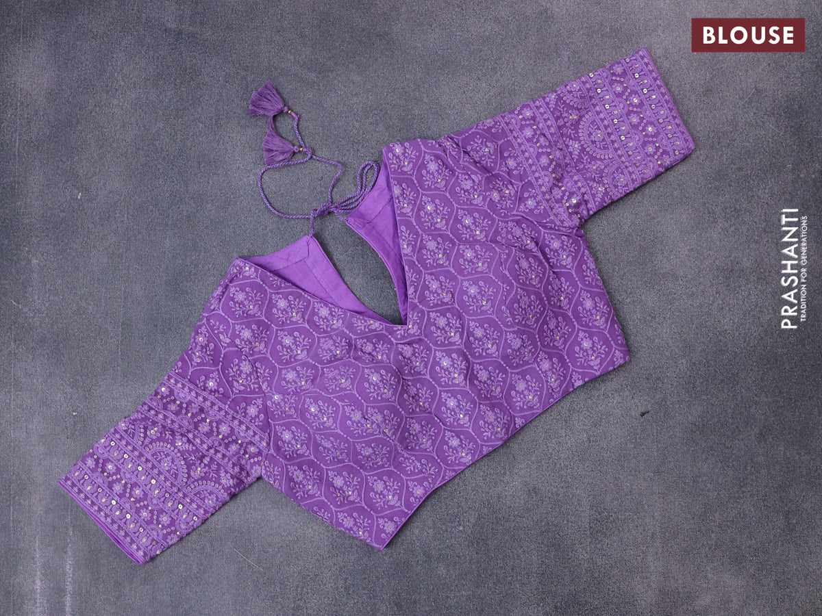 Munga tussar silk saree lavender shade with allover banarasi zari weaves and gottapatti lace work border and readymade chikankari work blouse - Image 9