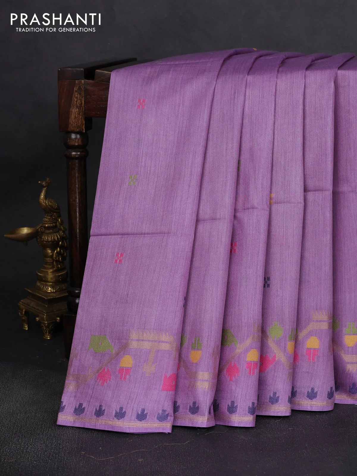 Munga tussar silk saree lavender with thread woven buttas and woven border