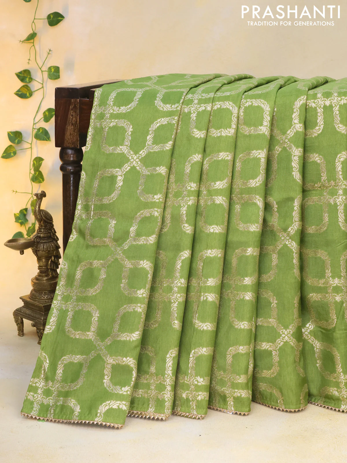 Munga tussar silk saree light green with allover banarasi zari weaves and gottapatti lace work border and readymade chikankari work blouse - Image 5