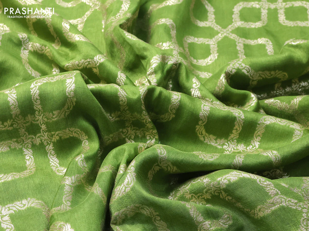 Munga tussar silk saree light green with allover banarasi zari weaves and gottapatti lace work border and readymade chikankari work blouse - Image 7