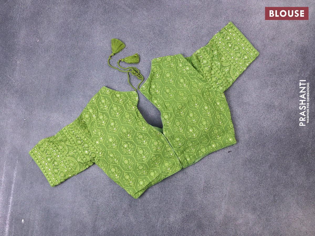 Munga tussar silk saree light green with allover banarasi zari weaves and gottapatti lace work border and readymade chikankari work blouse - Image 9