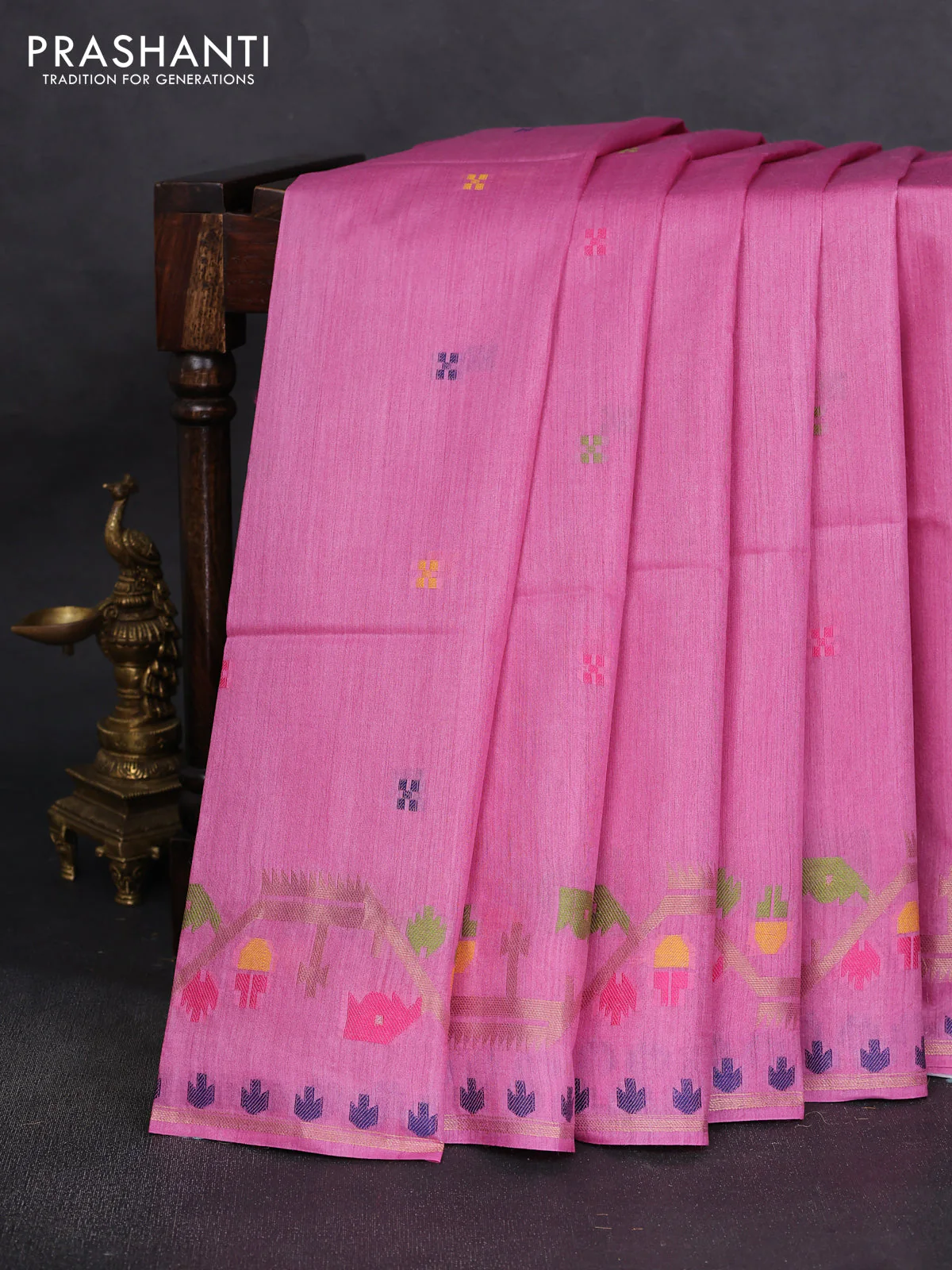 Munga tussar silk saree light pink with thread woven buttas and woven border