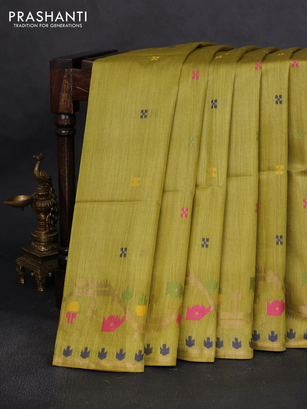Munga tussar silk saree lime yellow with thread woven buttas and woven border
