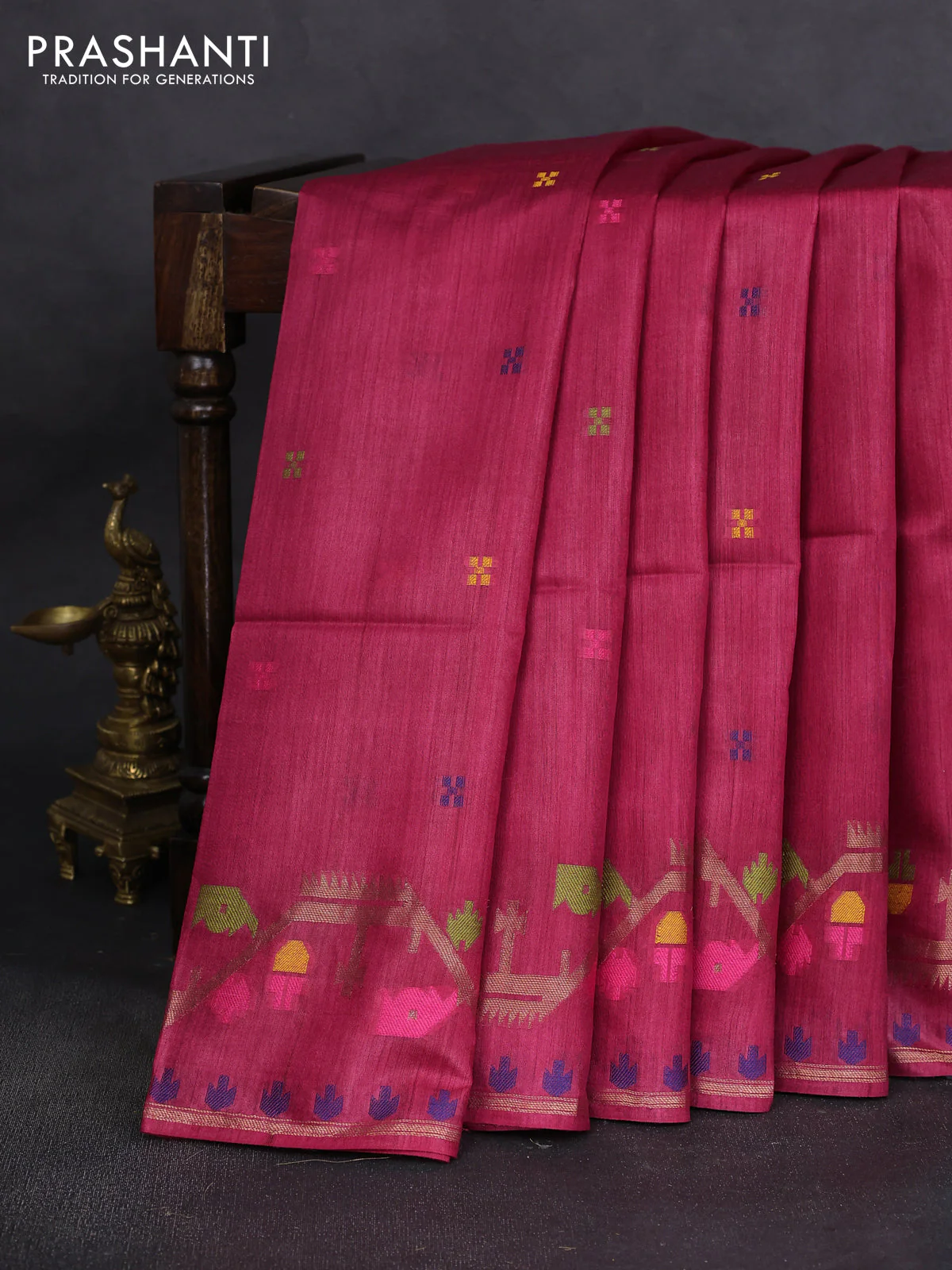 Munga tussar silk saree maroon with thread woven buttas and woven border