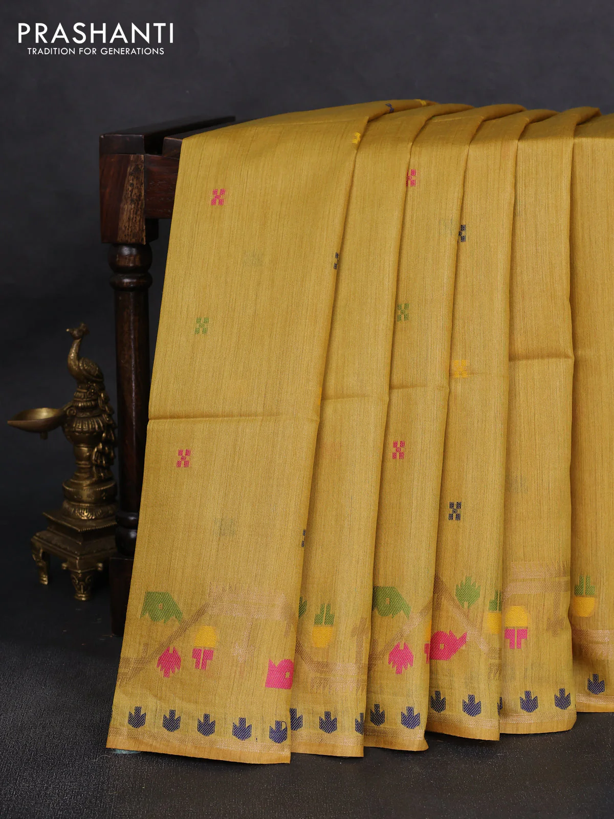 Munga tussar silk saree mustard yellow with thread woven buttas and woven border