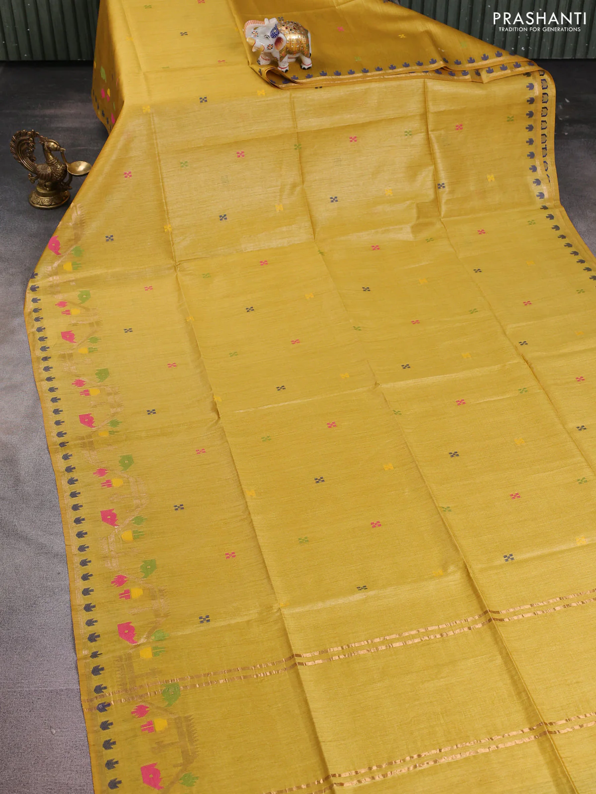 Munga tussar silk saree mustard yellow with thread woven buttas and woven border - Image 2