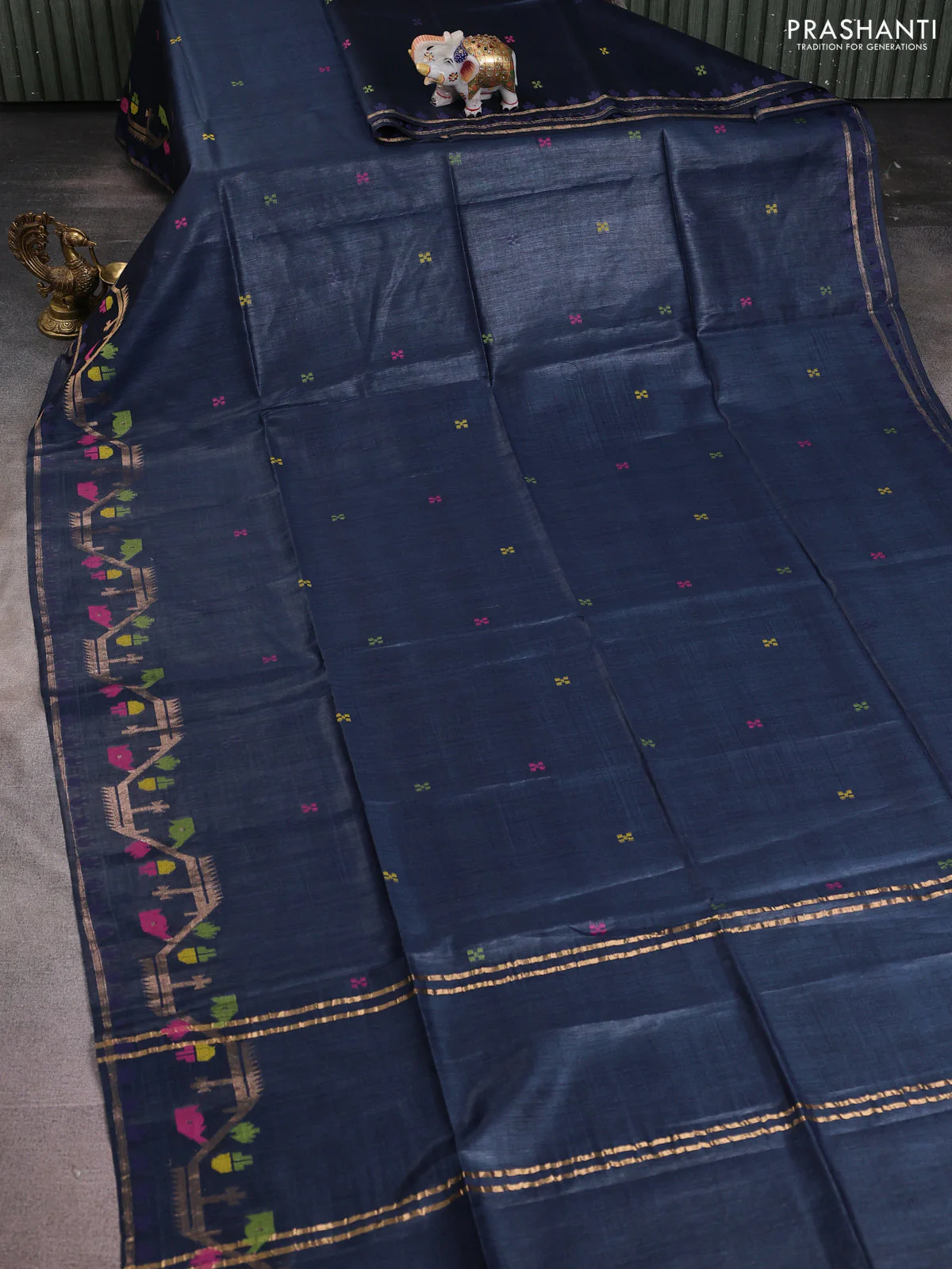 Munga tussar silk saree navy blue with thread woven buttas and woven border - Image 2