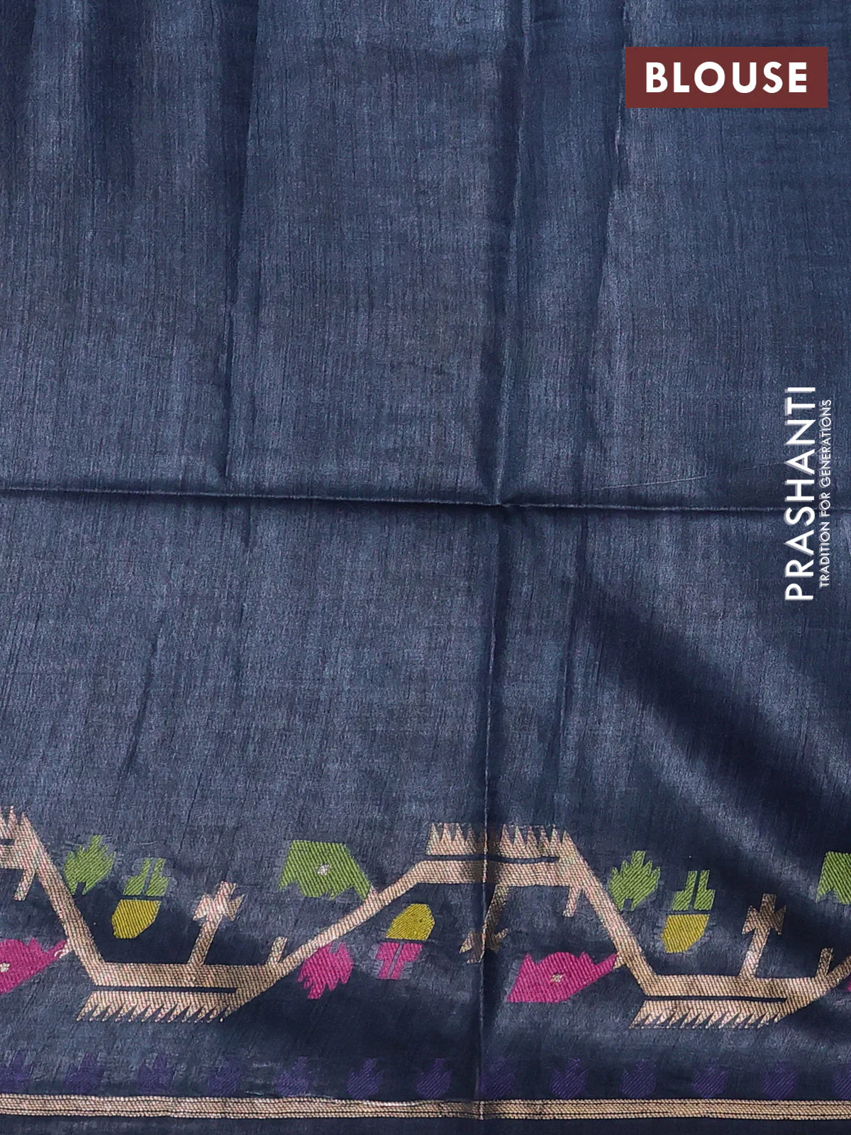 Munga tussar silk saree navy blue with thread woven buttas and woven border - Image 3
