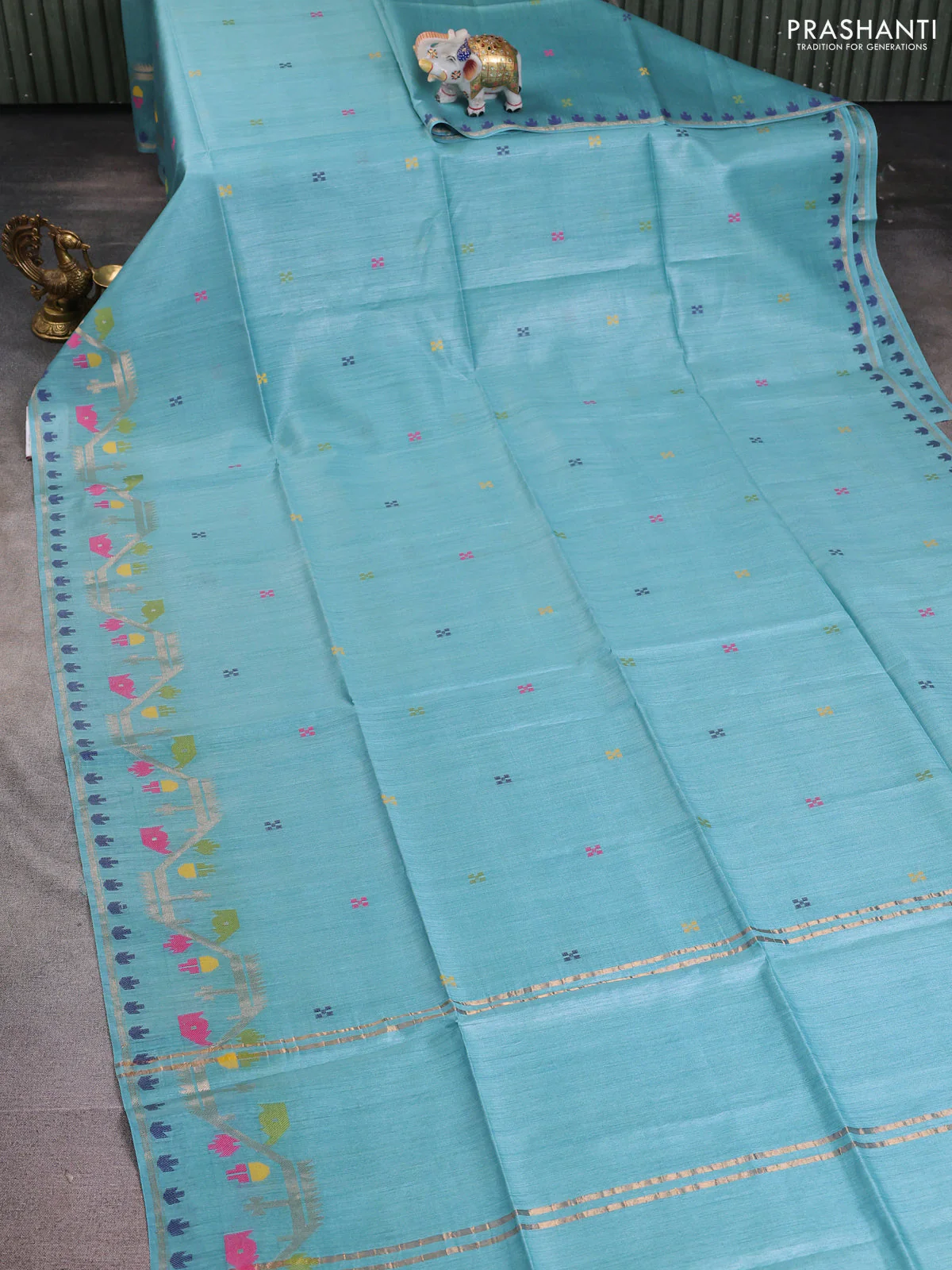 Munga tussar silk saree pastel blue with thread woven buttas and woven border - Image 2