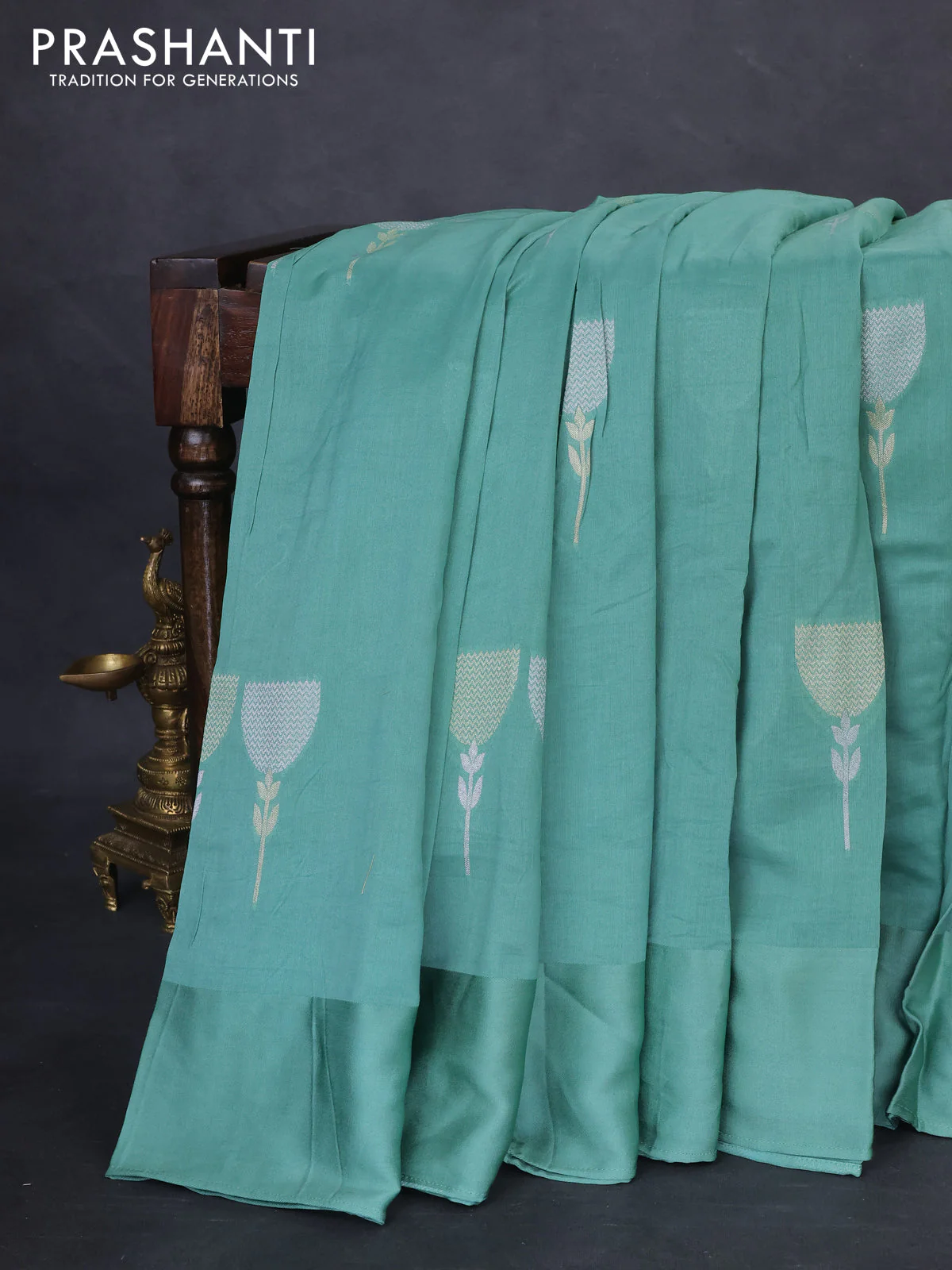 Munga tussar silk saree pastel green with silver & gold floral buttas and gotapatti work pallu - Image 2